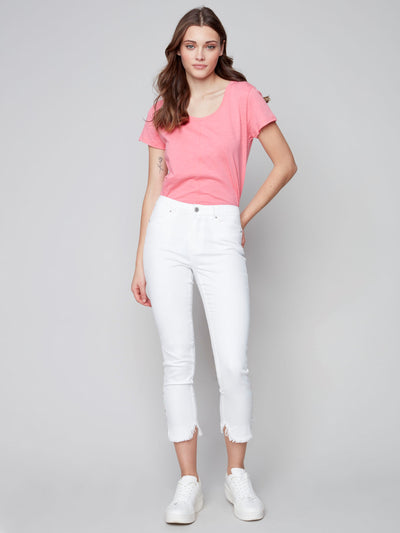 Embroidered Twill Jeans with Frayed Tulip Hem - White - C5405 Charlie B Collection Canada