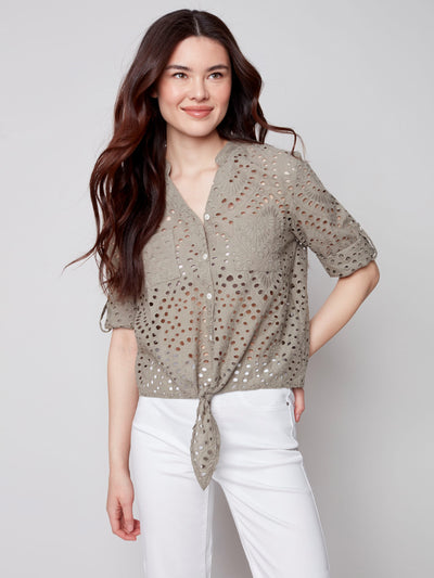 Eyelet Embroidery Front Tie Cotton Blouse - Celadon Green - C4467 Charlie B Collection Canada