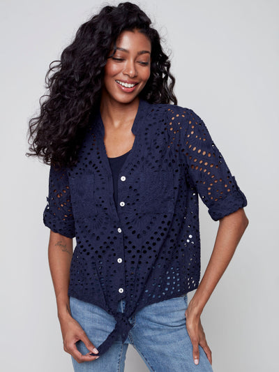 Eyelet Embroidery Front Tie Cotton Blouse - Marine Blue - C4467 Charlie B Collection Canada