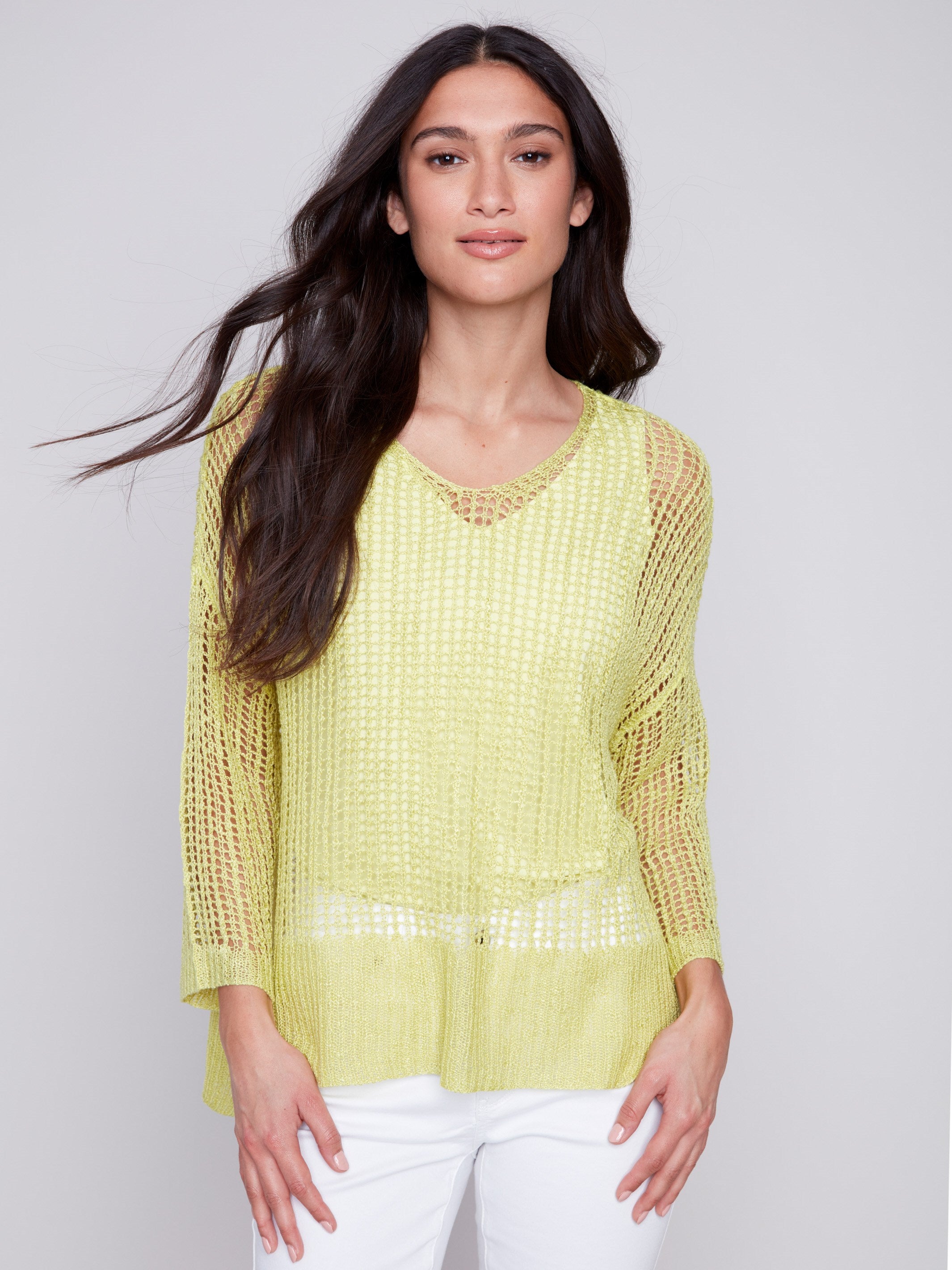 Fishnet Crochet Sweater - Anise - Charlie B Collection Canada - Image 1