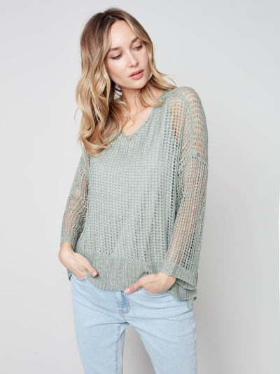 Fishnet Crochet Sweater - Basil - C2326 Charlie B Collection Canada
