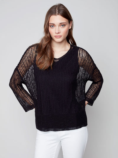 Fishnet Crochet Sweater - Black - C2326 Charlie B Collection Canada