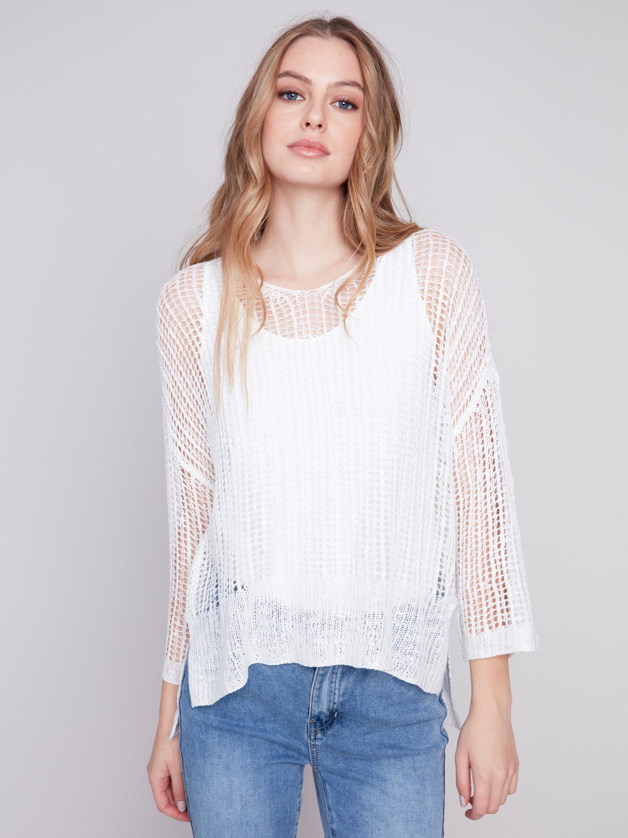 Fishnet Crochet Sweater - White - Charlie B Collection Canada - Image 1