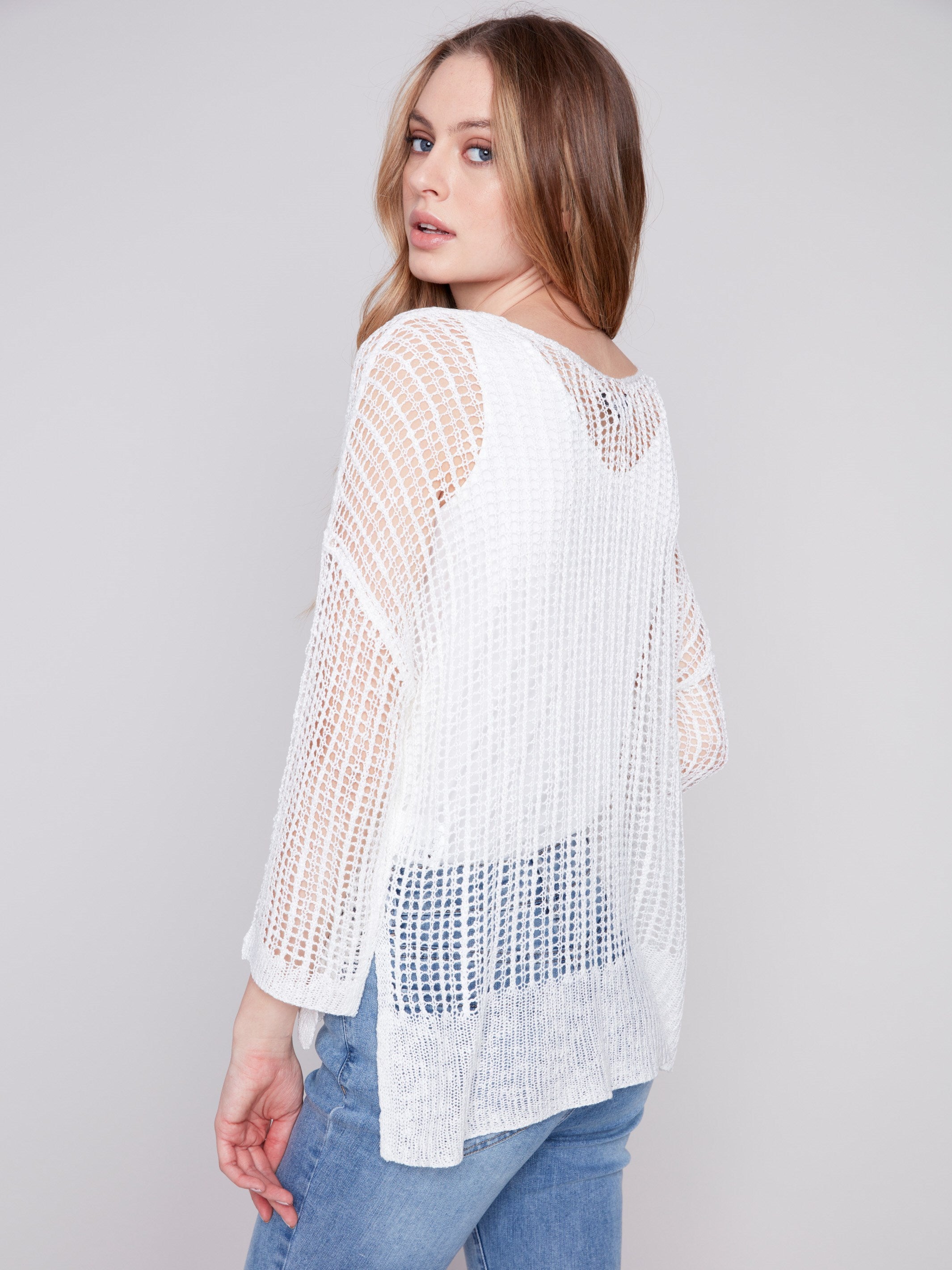 Fishnet Crochet Sweater - White - Charlie B Collection Canada - Image 2