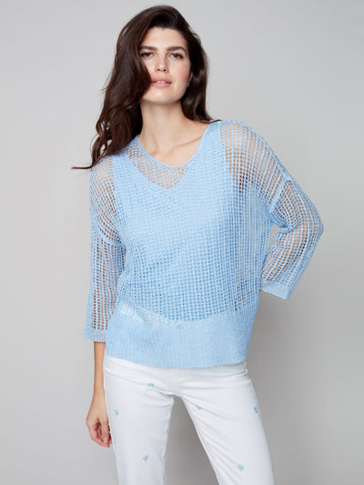 Fishnet Crochet Sweater - Cerulean Blue - C2326 Charlie B Collection Canada