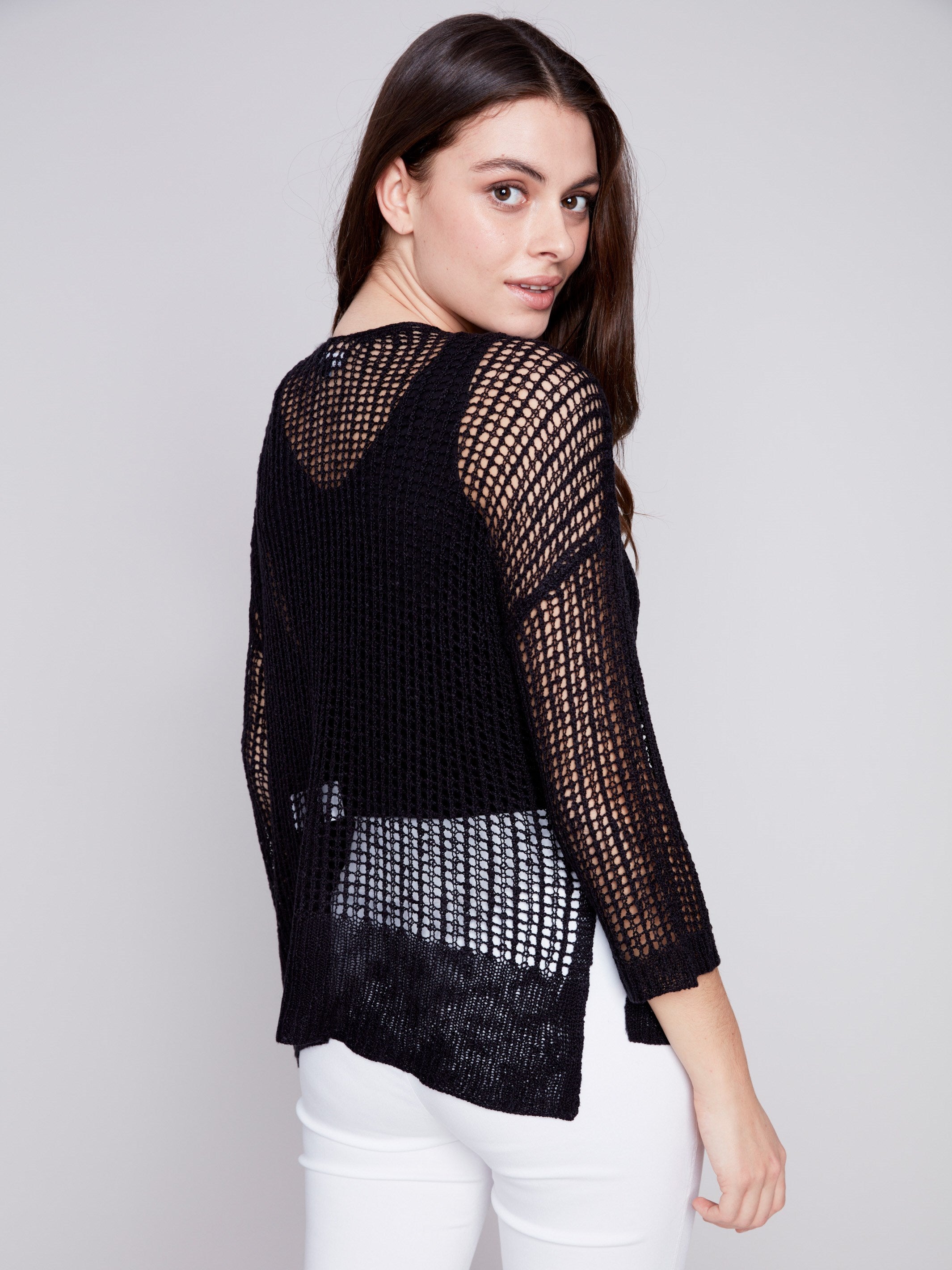 Fishnet Crochet Sweater - Black - Charlie B Collection Canada - Image 2