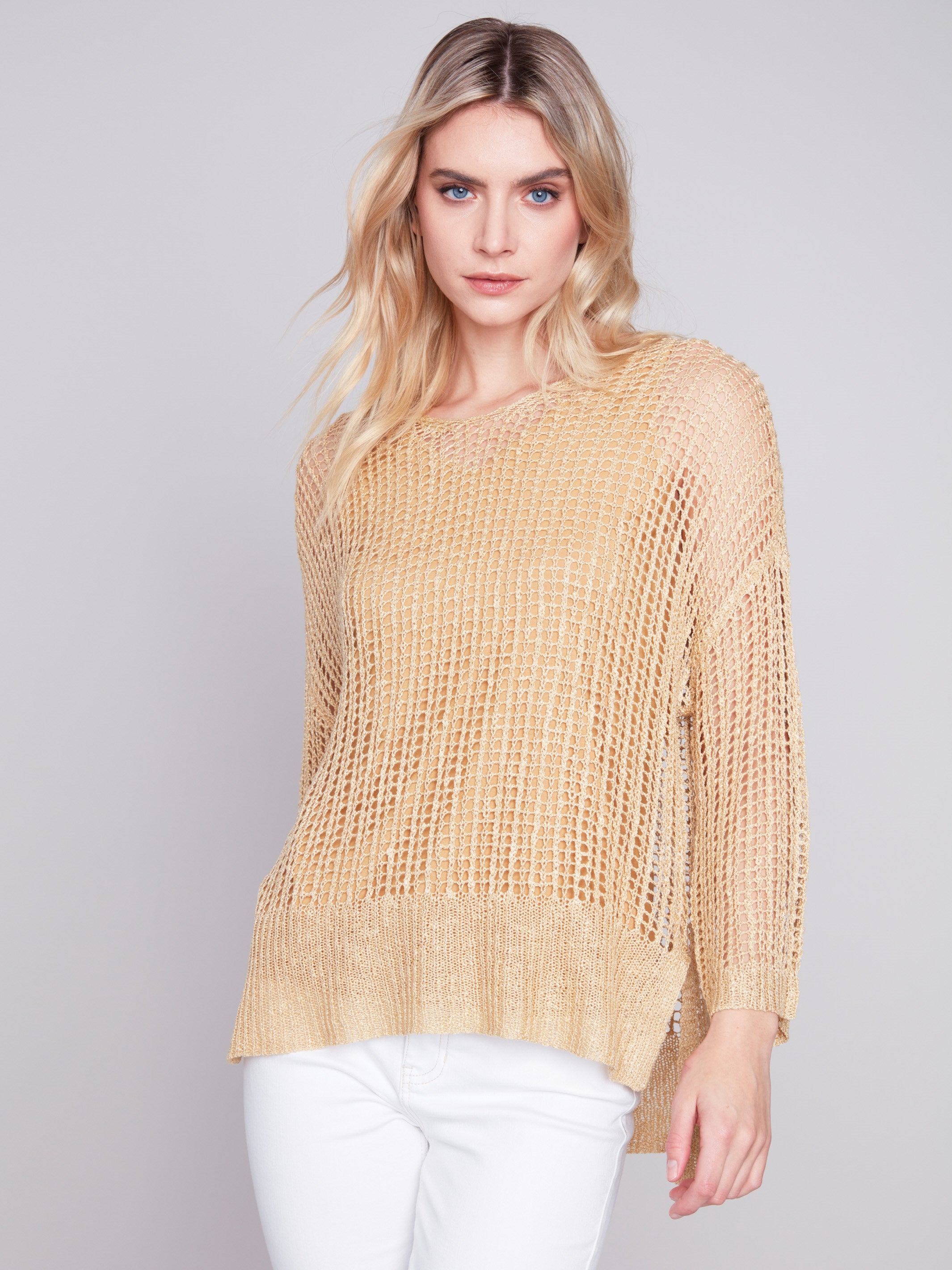 Fishnet Crochet Sweater - Gold - Charlie B Collection Canada - Image 1
