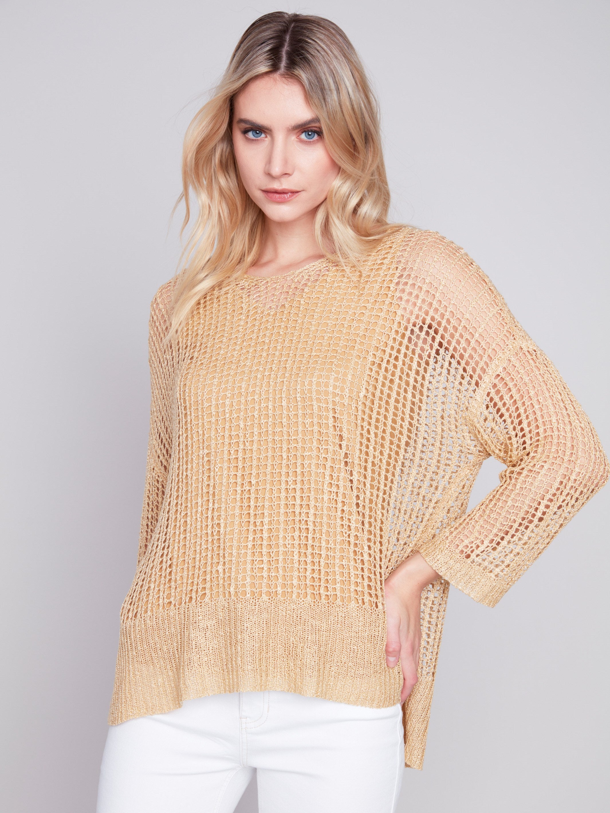 Fishnet Crochet Sweater - Gold - Charlie B Collection Canada - Image 5