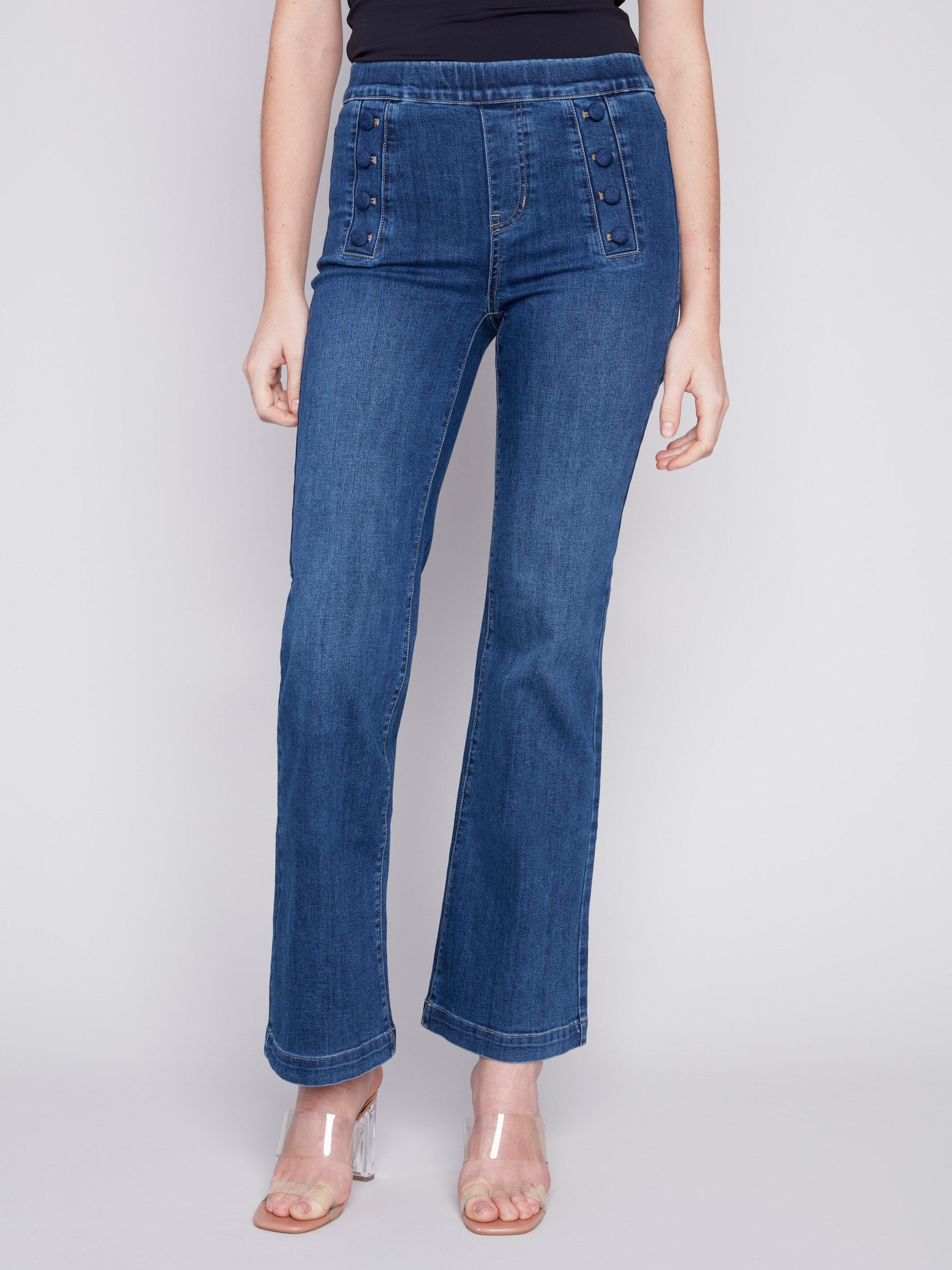 Flare Jeans with Decorative Buttons - Indigo - Charlie B Collection Canada - Image 2