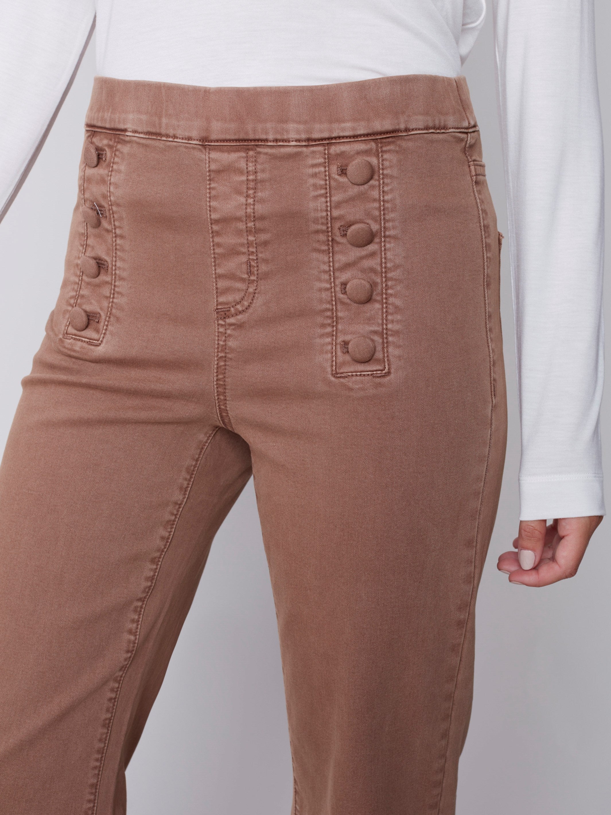 Flare Pull-on Jeans with Decorative Buttons - Truffle