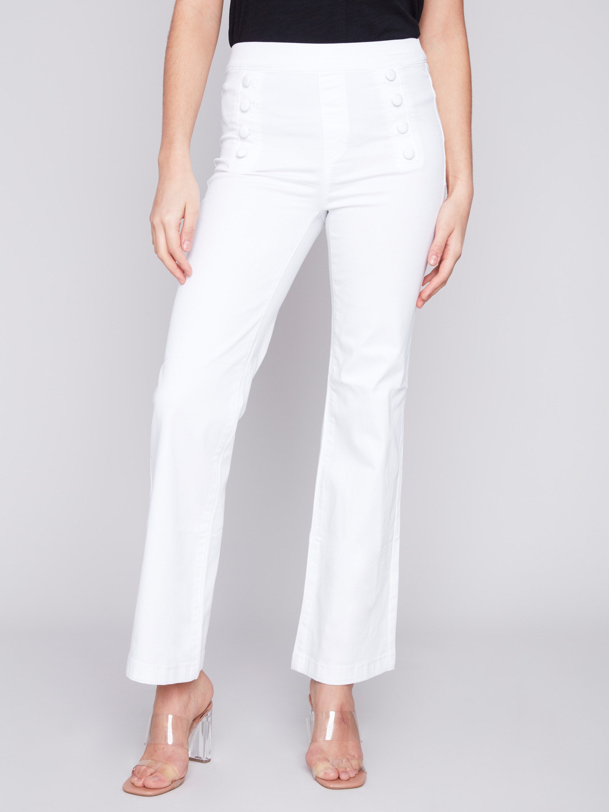 Flare Twill Pants with Decorative Buttons - White - Charlie B Collection Canada - Image 2