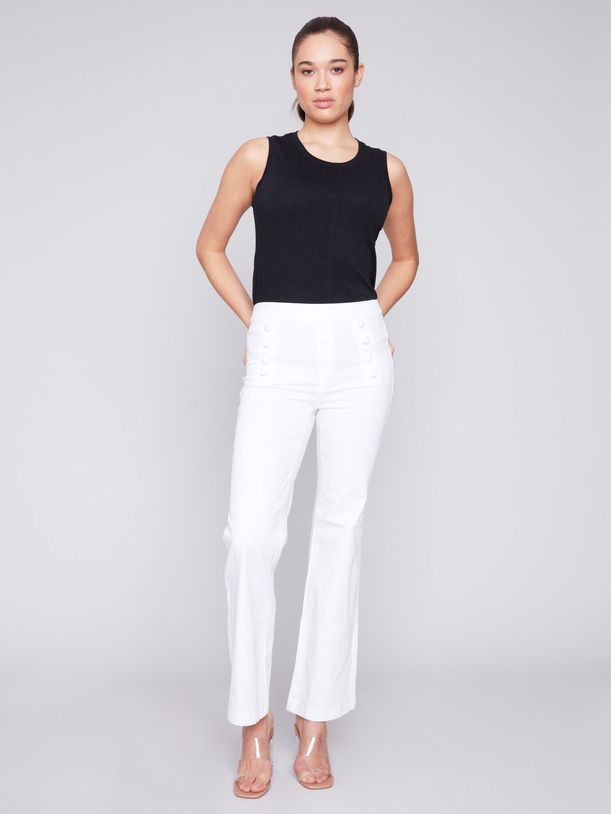 Flare Twill Pants with Decorative Buttons - White - Charlie B Collection Canada - Image 3