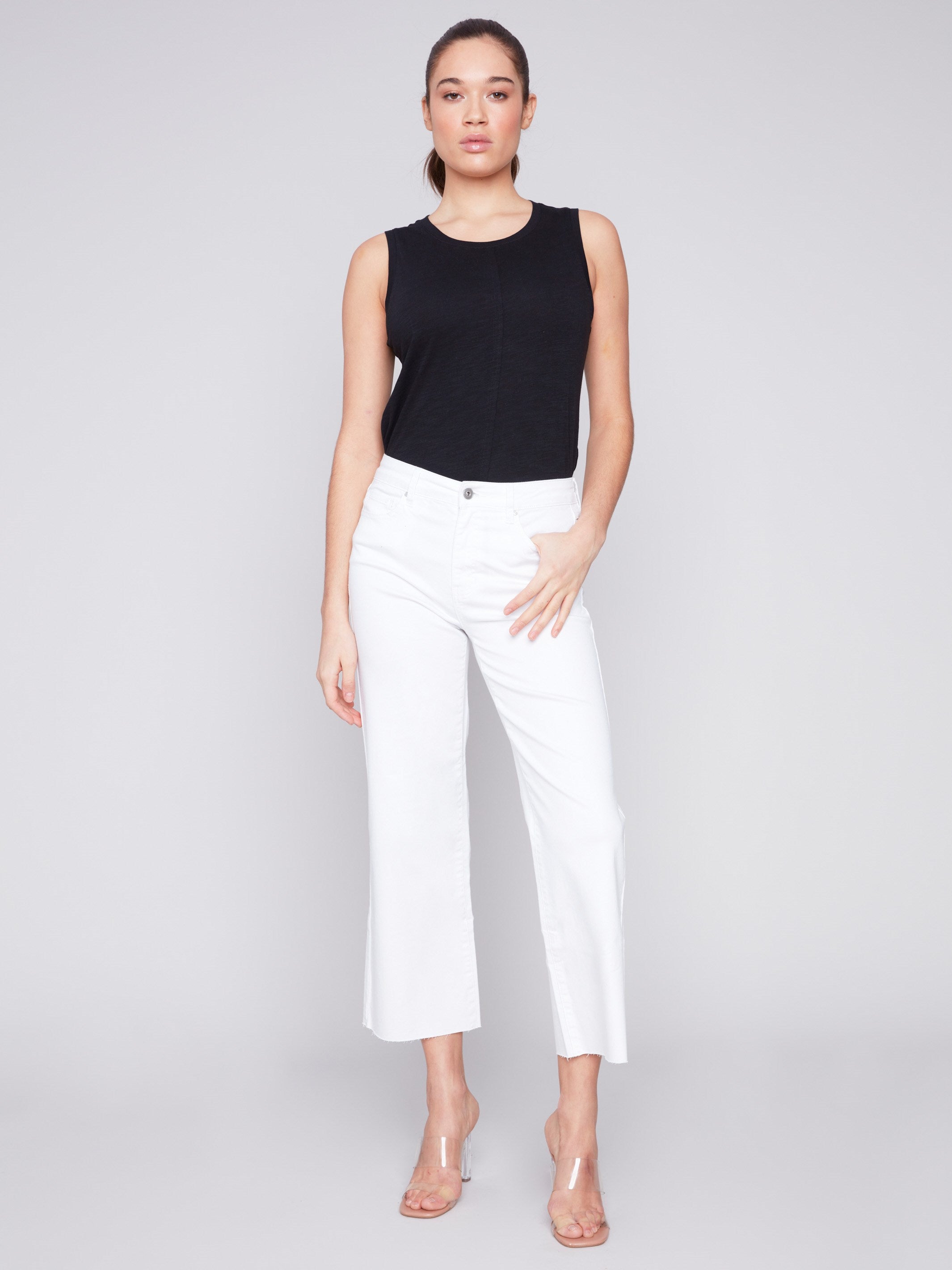 Flared Twill Jeans with Raw Edge - White - Charlie B Collection Canada - Image 1