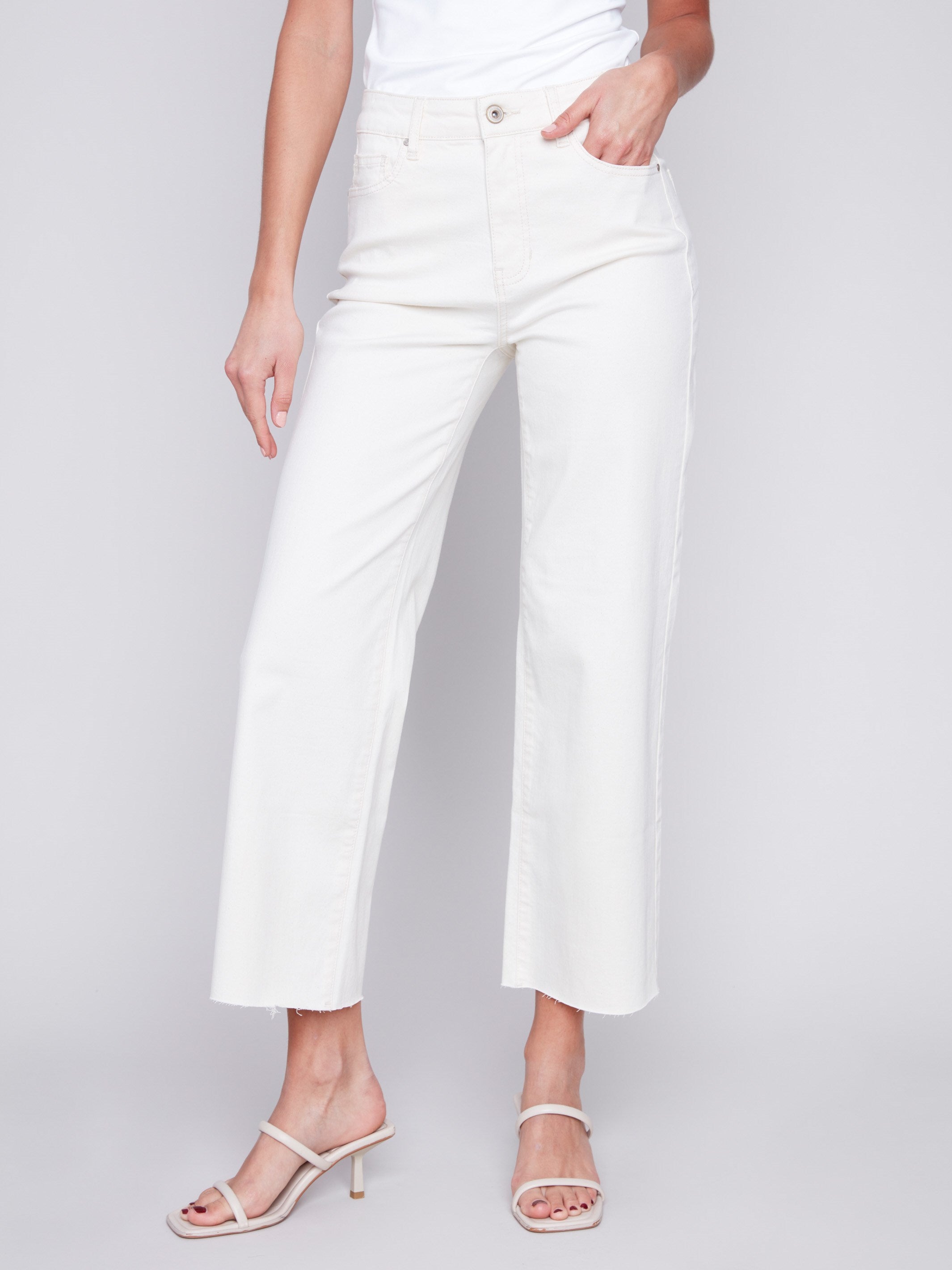 CHARLIE B STRETCH DENIM FLARE PANT WITH REMOVABLE FEATHER TRIM