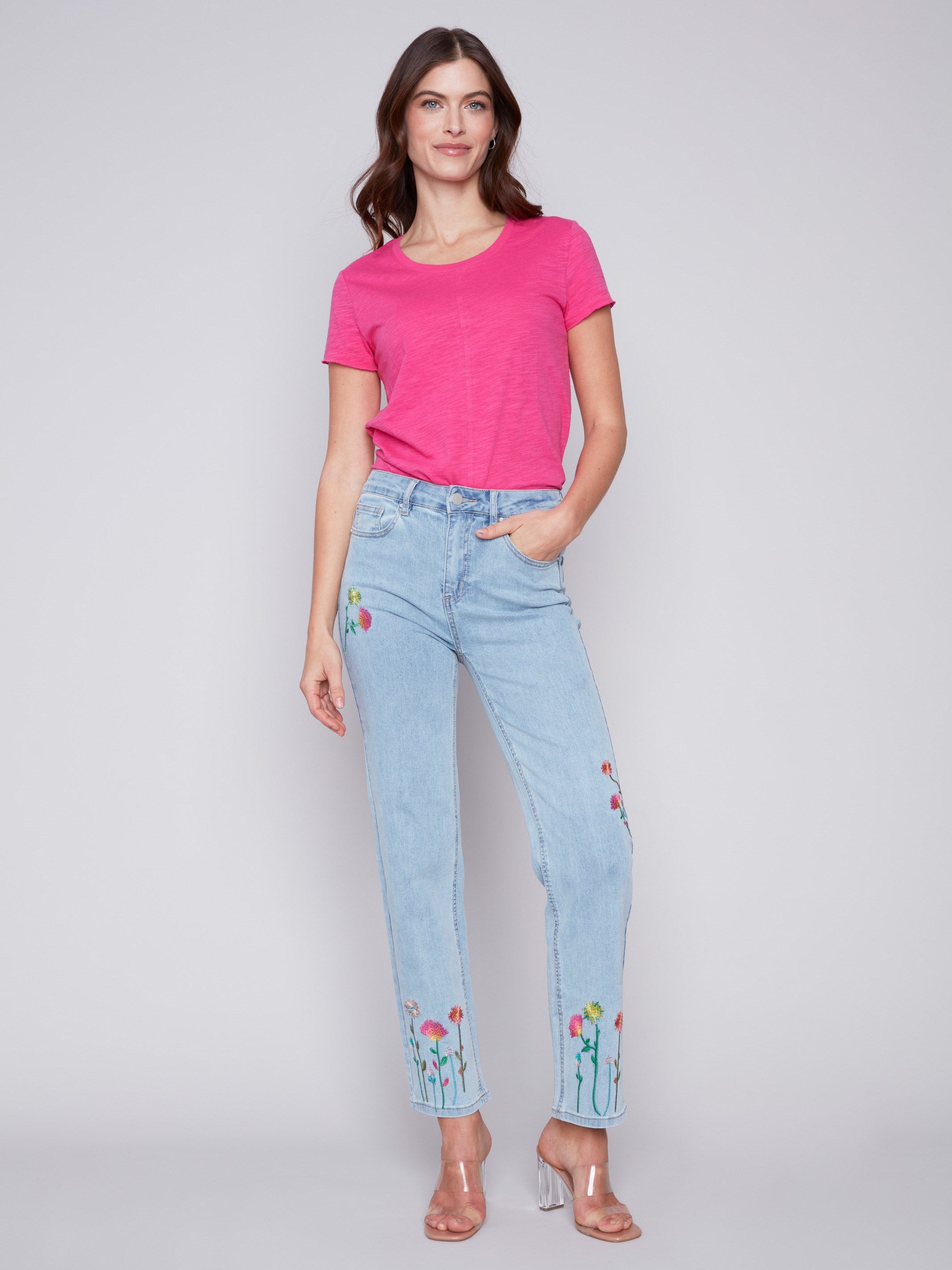 Floral Embroidered Jeans - Bleach Blue - Charlie B Collection Canada - Image 1