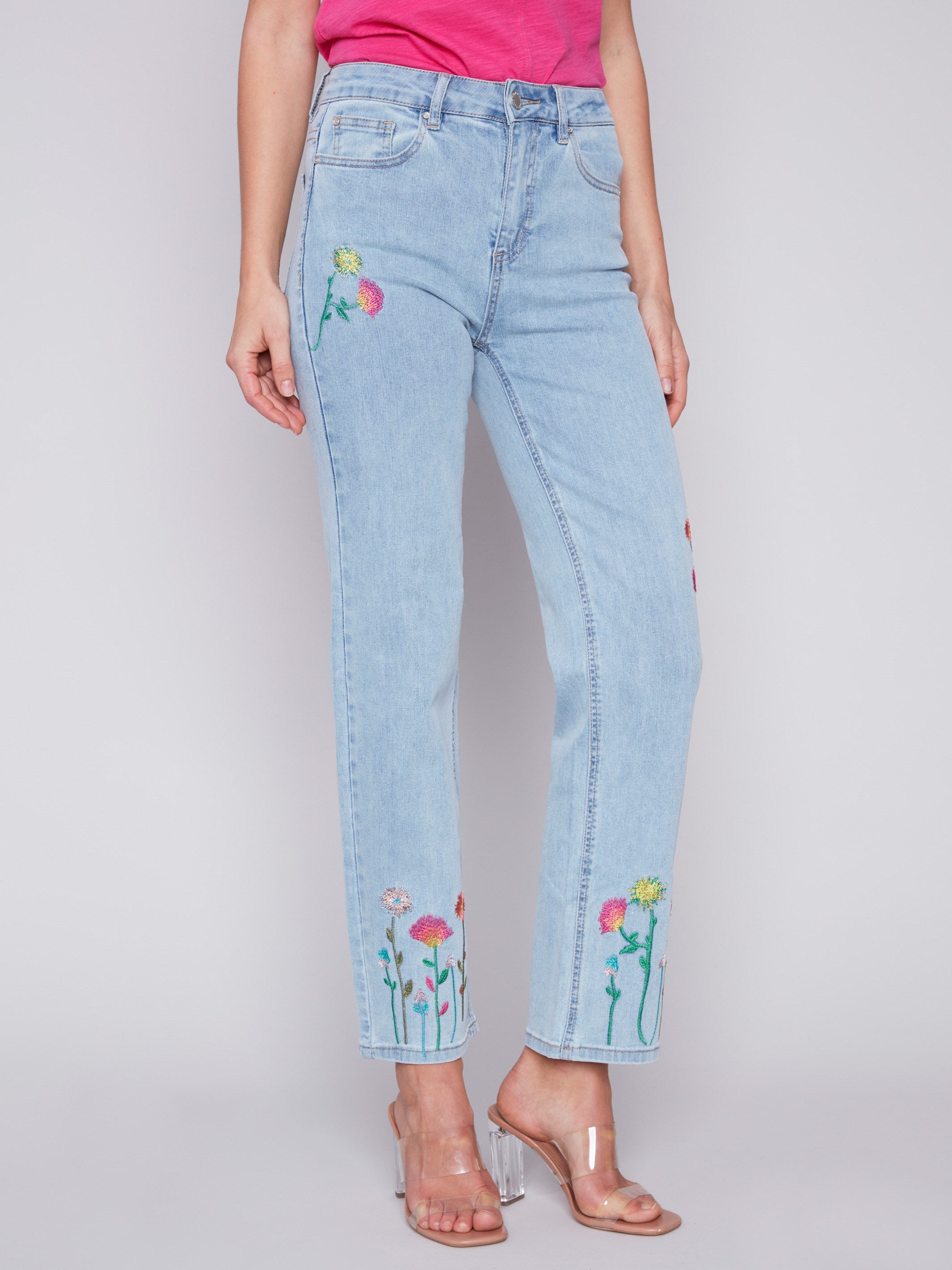 Floral Embroidered Jeans - Bleach Blue - Charlie B Collection Canada - Image 8
