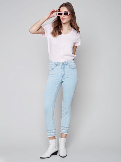 Frayed Hem Cropped Denim Pants - Bleach Blue - C5147 Charlie B Collection Canada