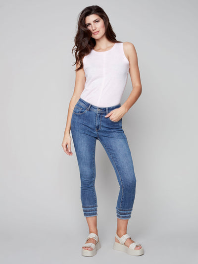 Frayed Hem Cropped Denim Pants - Medium Blue - C5147 Charlie B Collection Canada