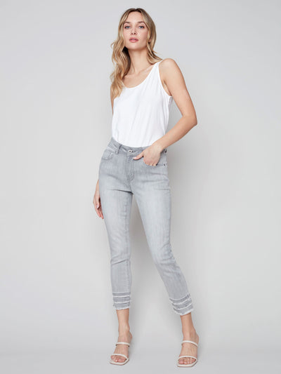 Frayed Hem Cropped Denim Pants -Soft Grey - C5147 Charlie B Collection Canada