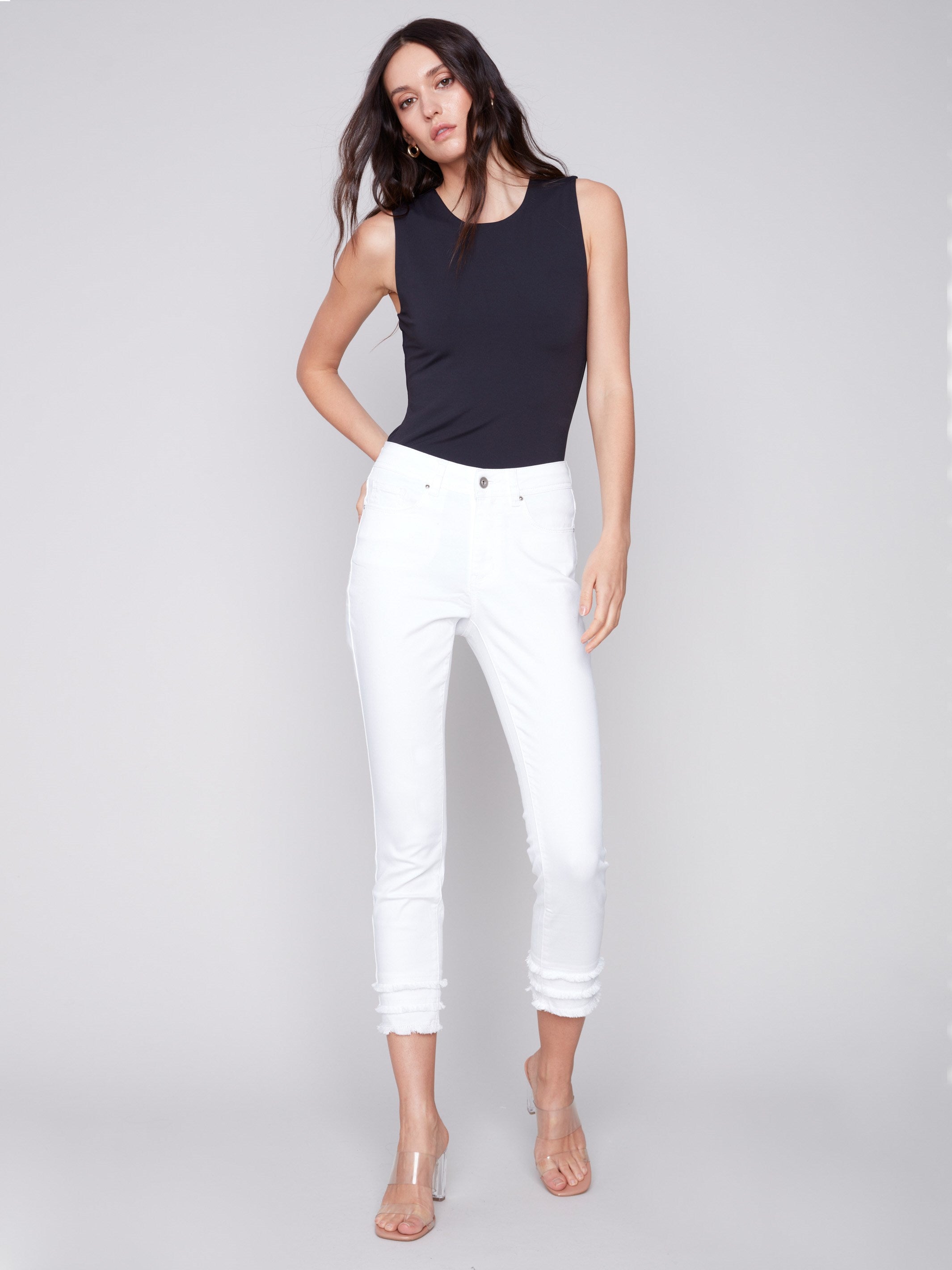 Frayed Hem Cropped Twill Pants - White - Charlie B Collection Canada - Image 5