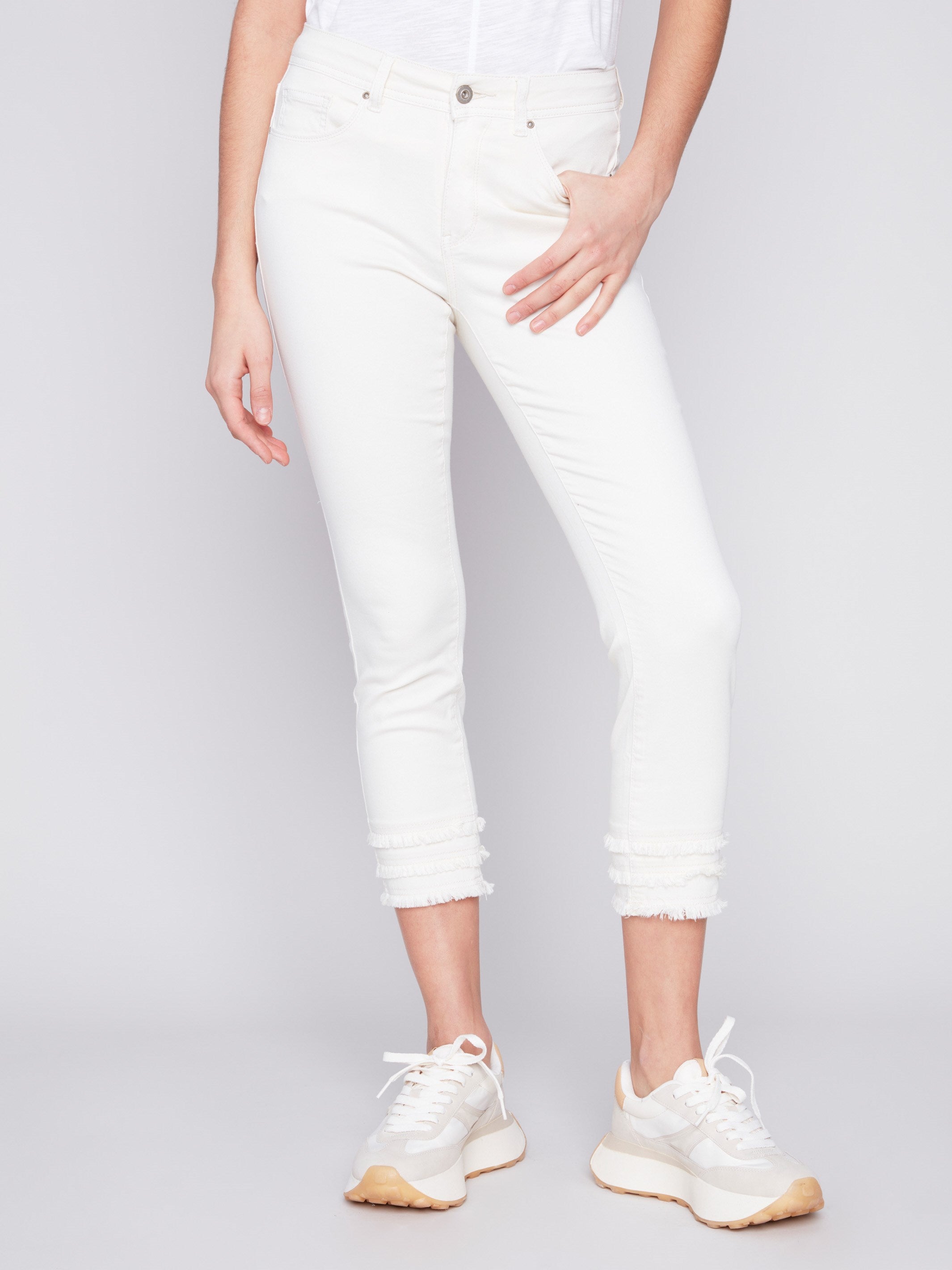 Frayed Hem Cropped Twill Pants - Natural - Charlie B Collection Canada - Image 2