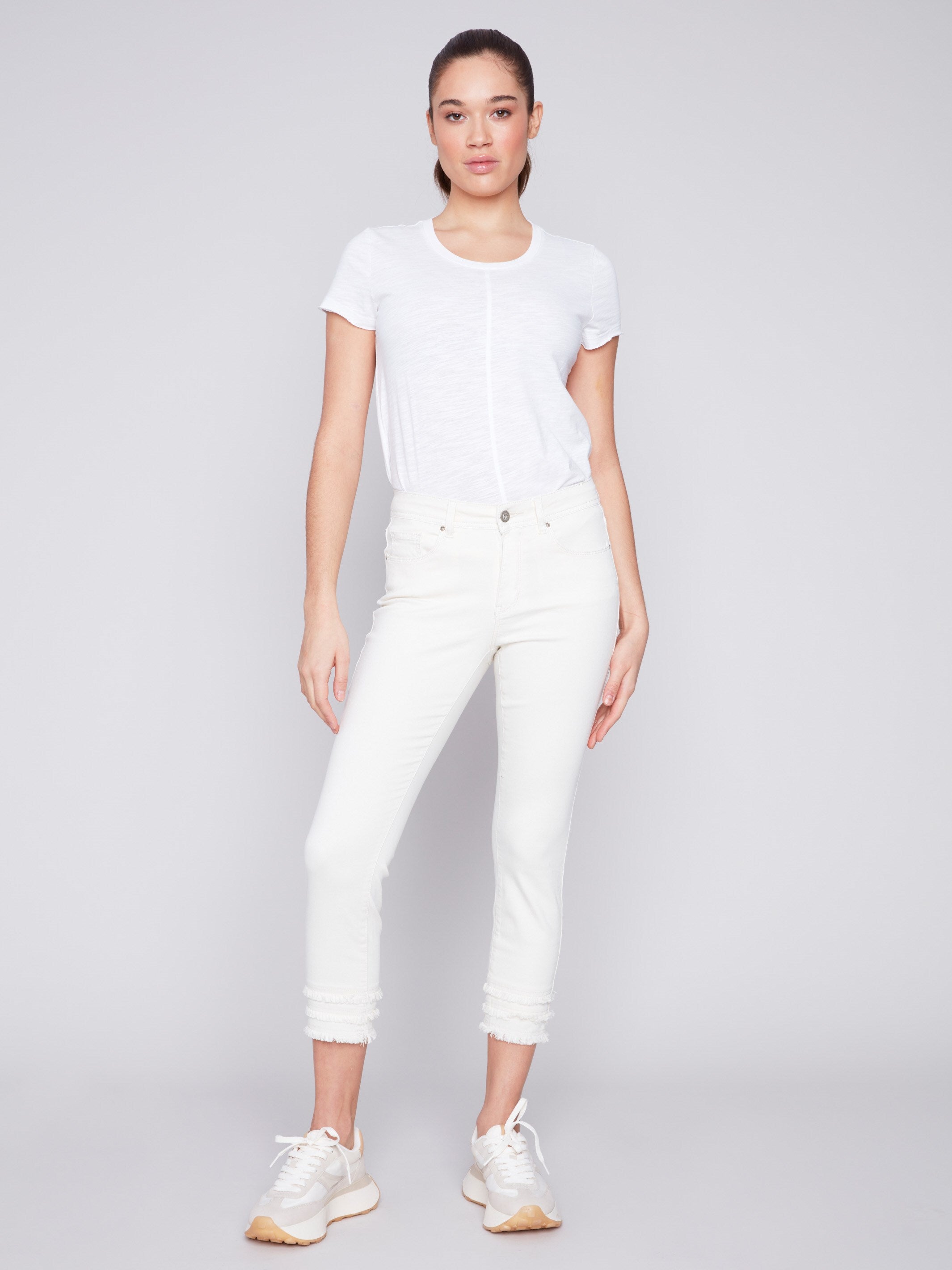 Frayed Hem Cropped Twill Pants - Natural - Charlie B Collection Canada - Image 4