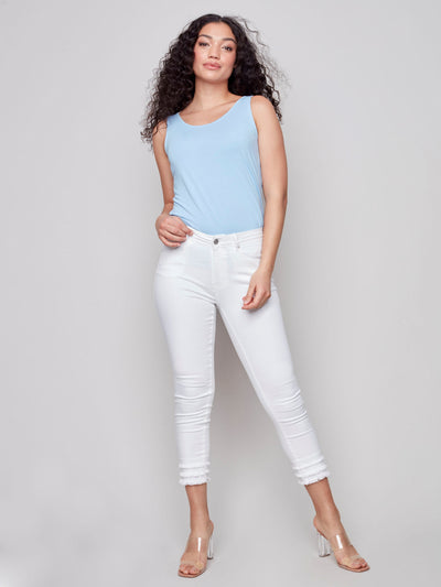 Frayed Hem Cropped Denim Pants - White - C5147 Charlie B Collection Canada
