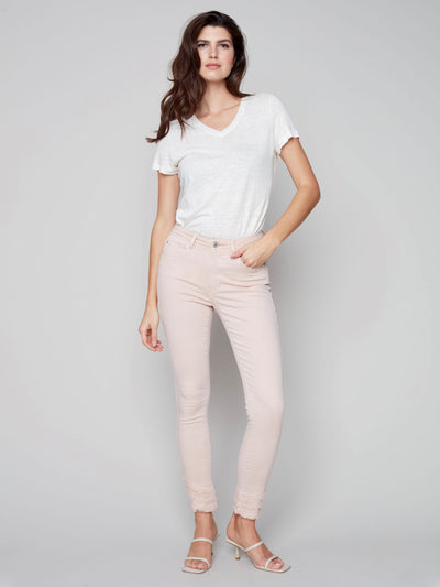 Frayed Hem Denim Pants - Pearl Pink - C5273 Charlie B Collection Canada