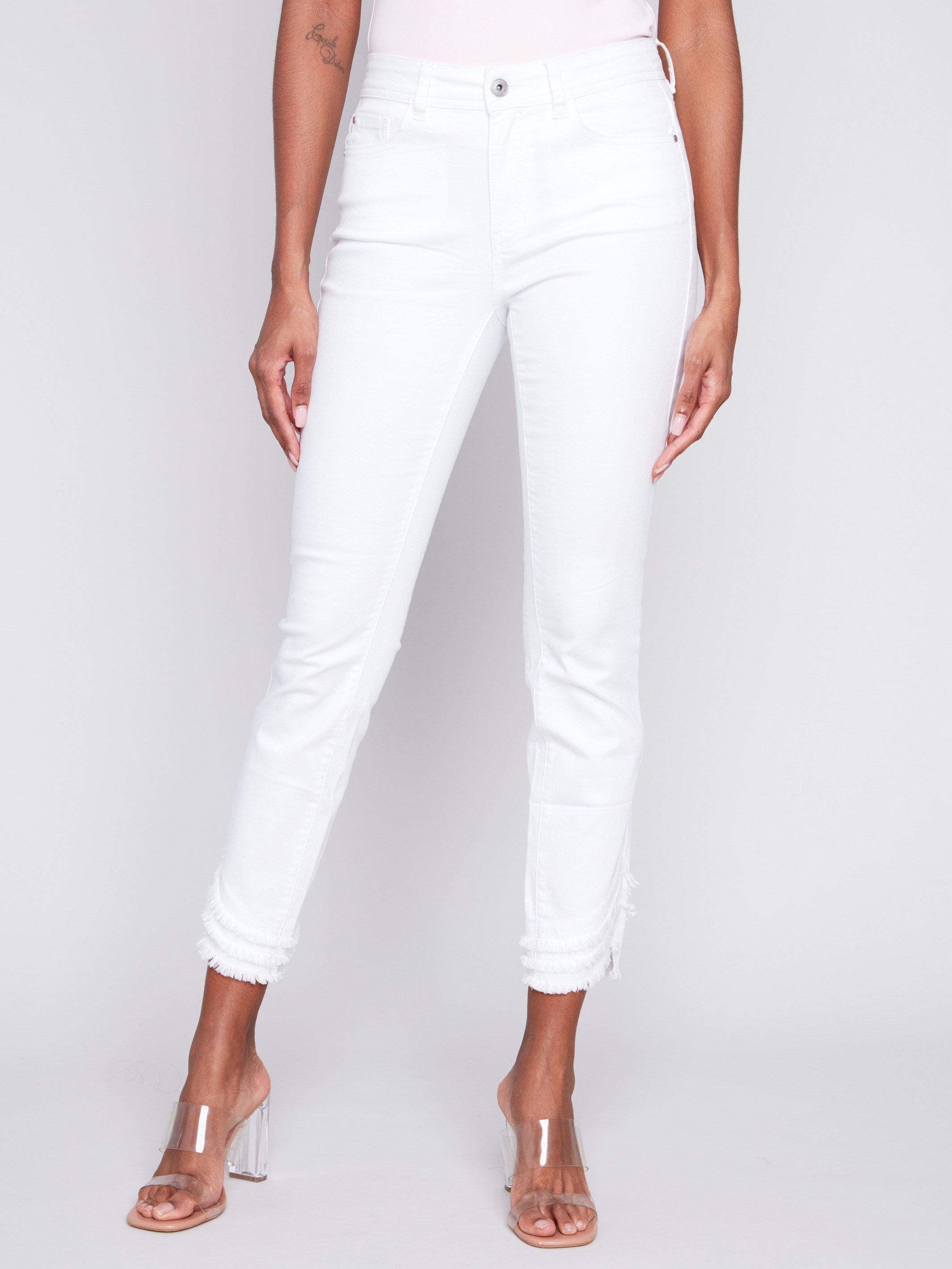 Frayed Hem Twill Pants - White - Charlie B Collection Canada - Image 2