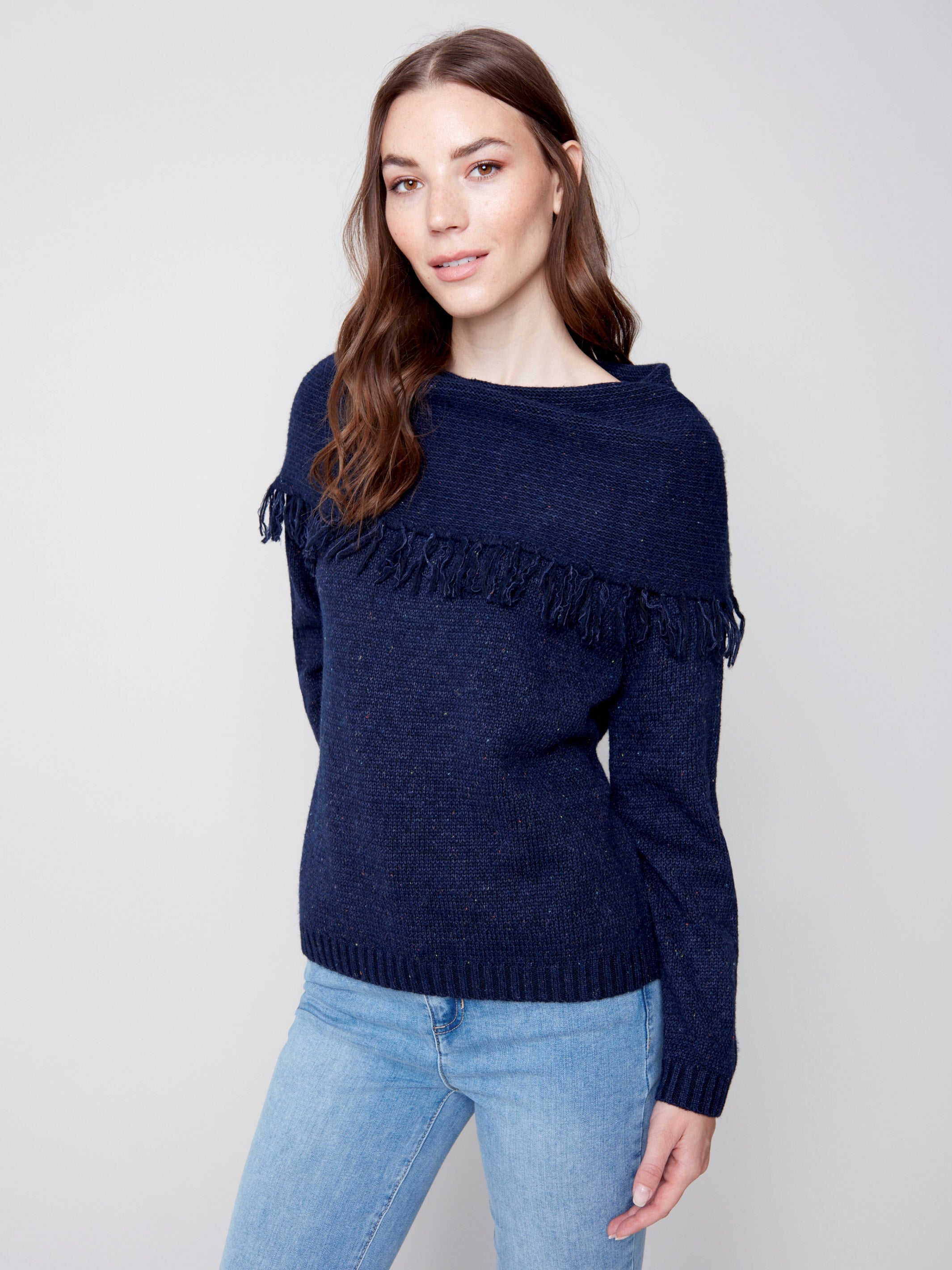 Fringed Cowl Neck Sweater - Denim