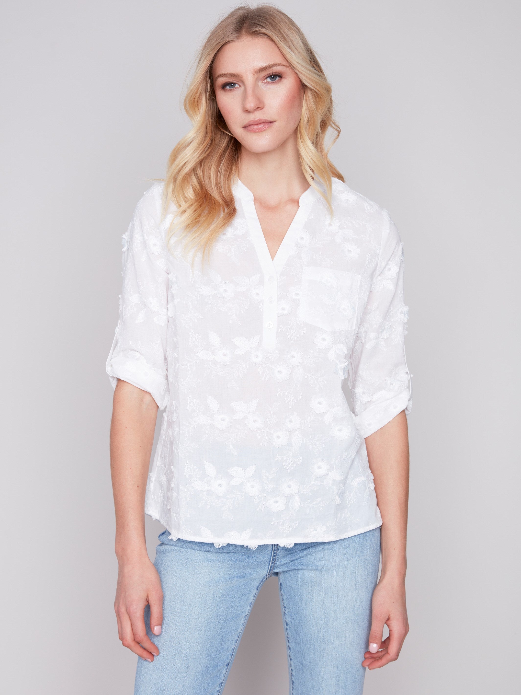 Half-Button Embroidered Cotton Blouse - White - Charlie B Collection Canada - Image 3