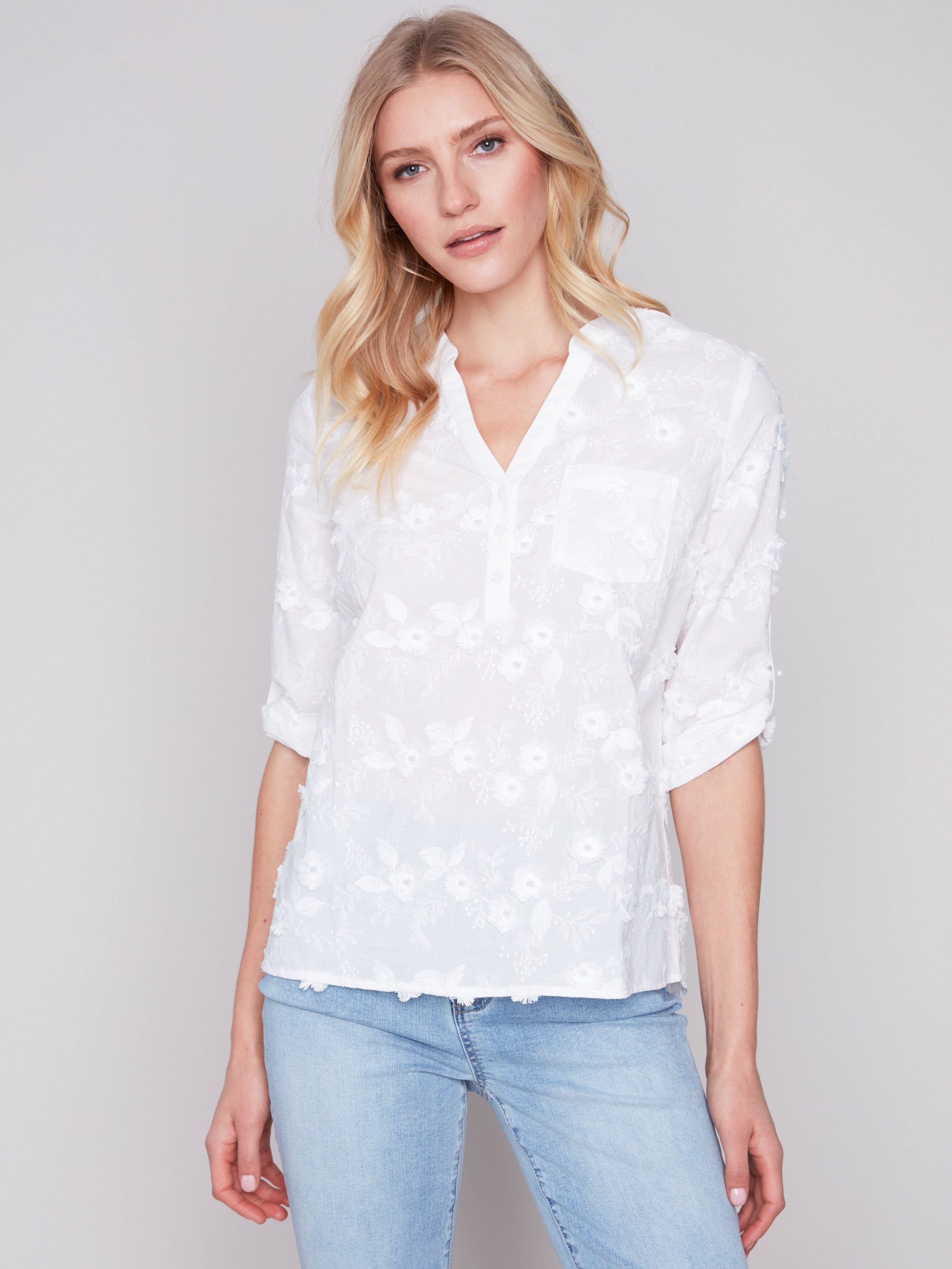 Half-Button Embroidered Cotton Blouse - White - Charlie B Collection Canada - Image 4