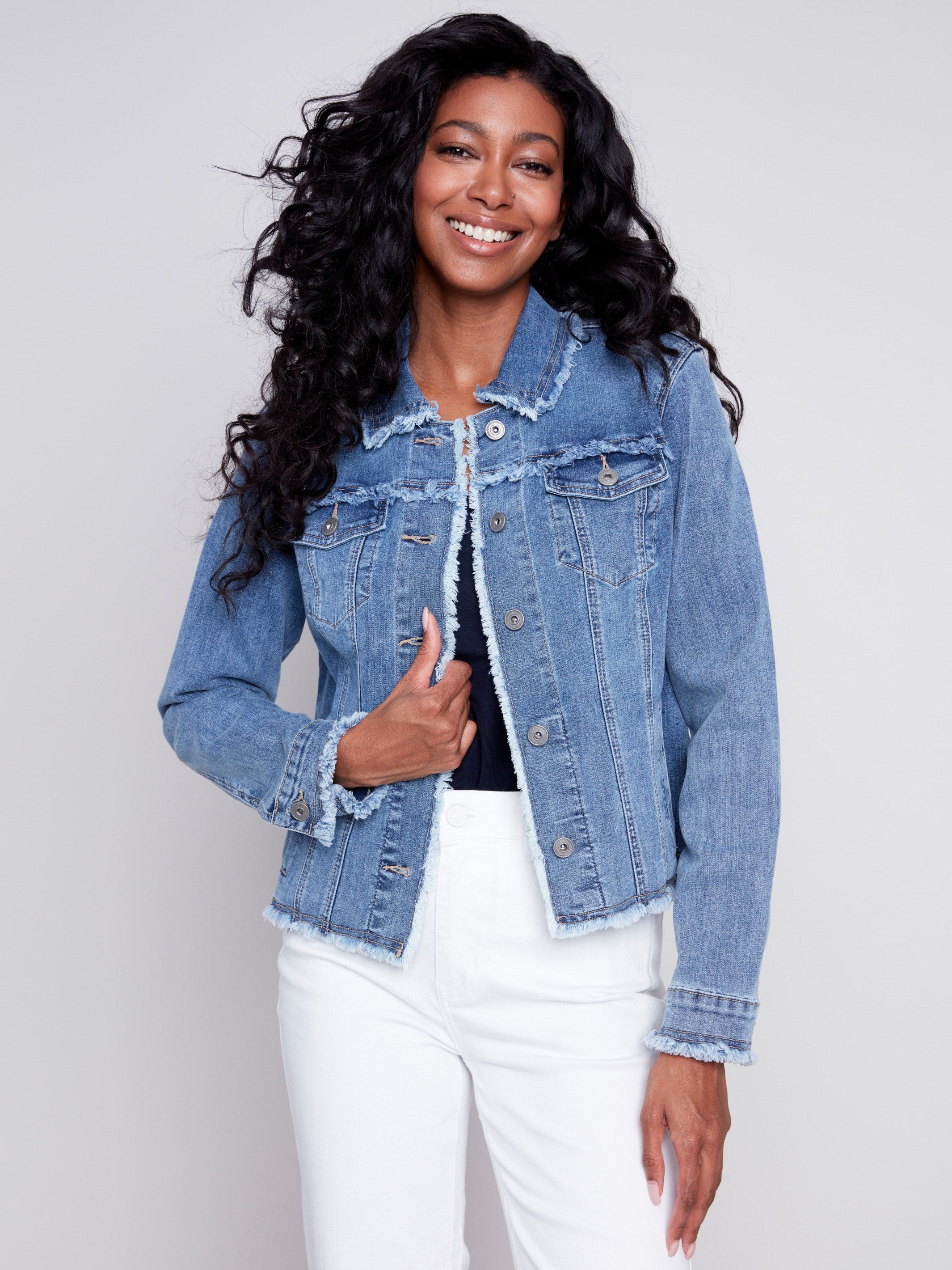Jean Jacket with Frayed Edges - Medium Blue - Charlie B Collection Canada - Image 1
