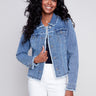 Jean Jacket with Frayed Edges - Medium Blue - Charlie B Collection Canada - Image 1