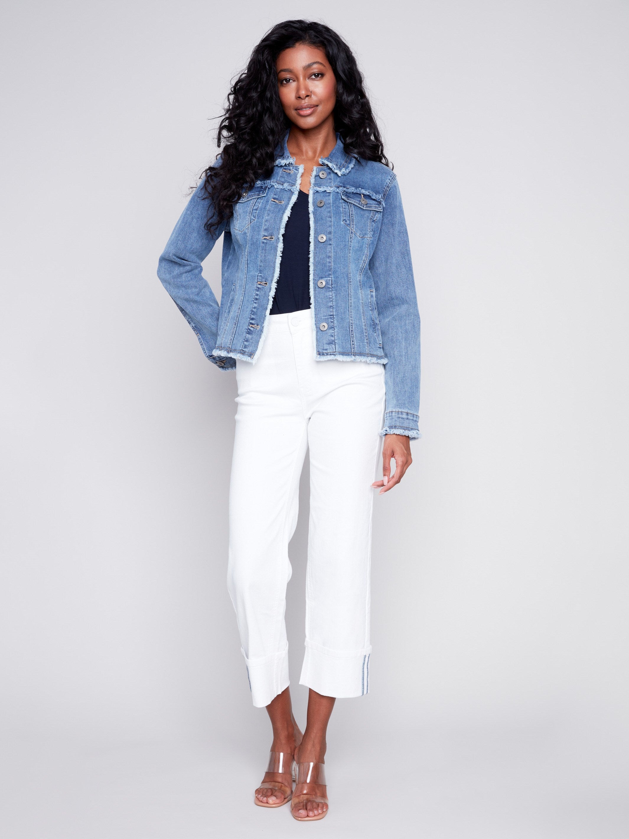 Jean Jacket with Frayed Edges - Medium Blue - Charlie B Collection Canada - Image 3