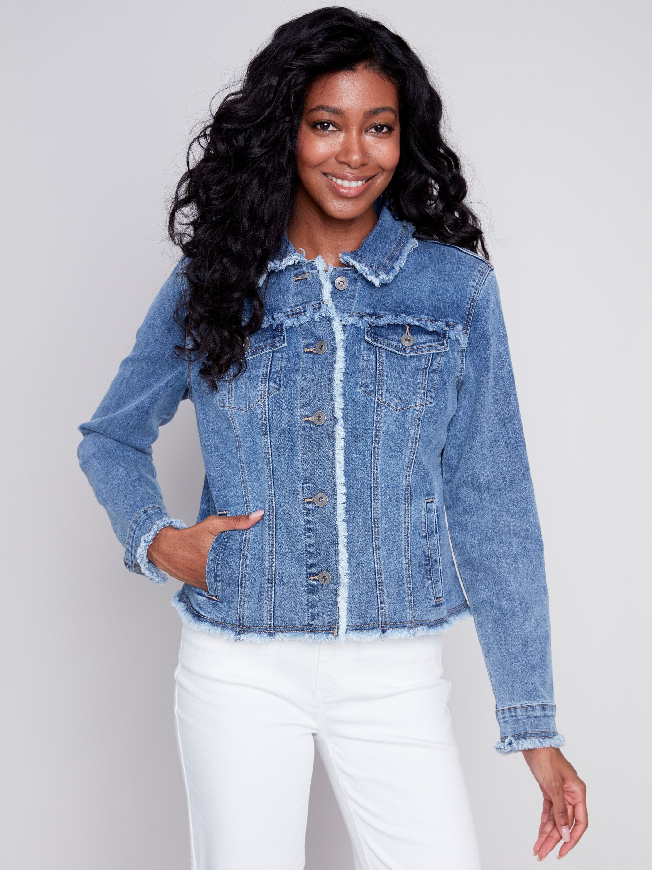 Jean Jacket with Frayed Edges - Medium Blue - Charlie B Collection Canada - Image 4