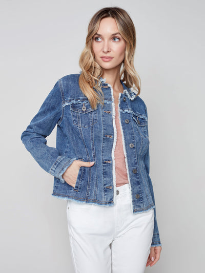Jean Jacket with Frayed Edges - Medium Blue - C6233 Charlie B Collection Canada