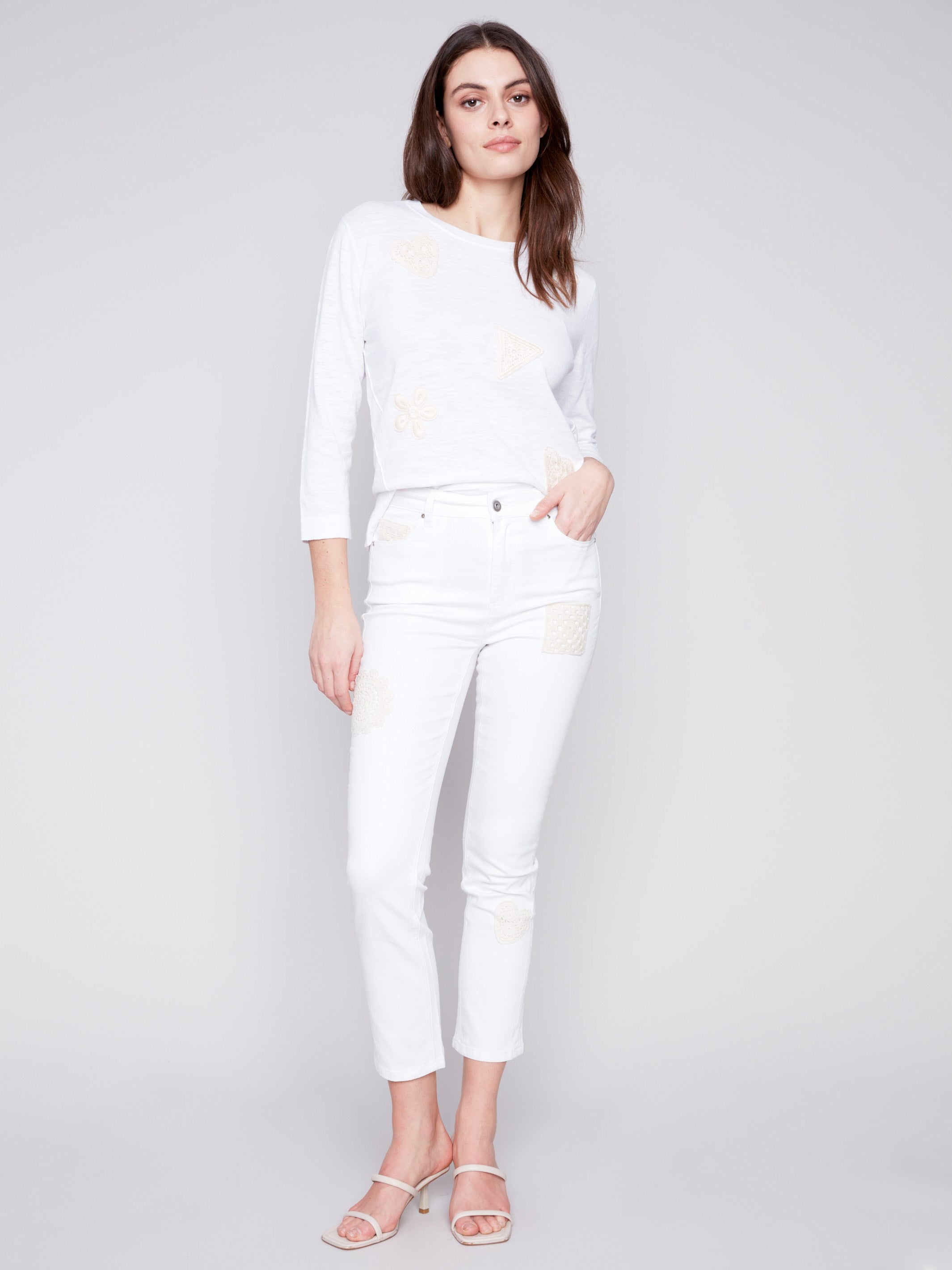 Jeans with Crochet Patch Details - White - Charlie B Collection Canada - Image 1