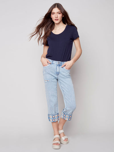 Jeans with Embroidered Crochet Cuff - Light Blue - C5418 Charlie B Collection Canada 1 