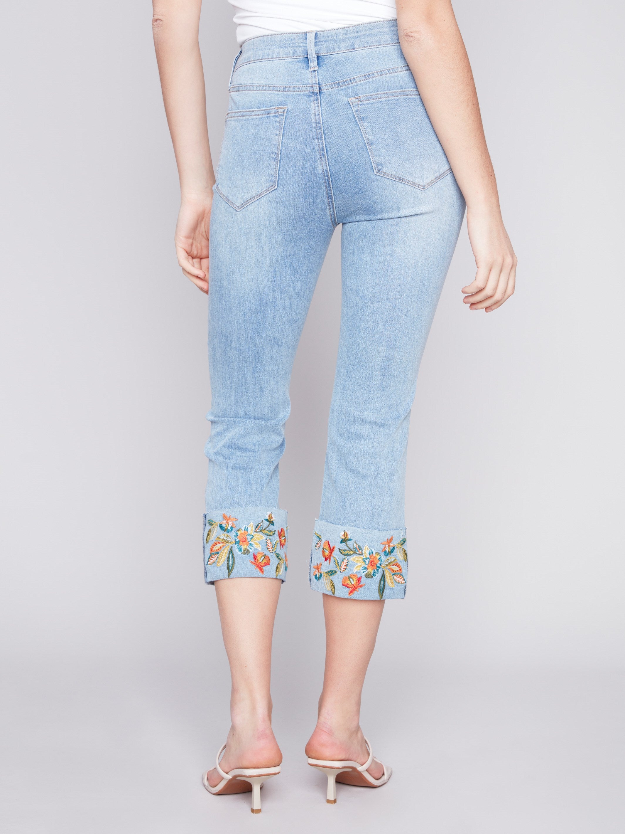 Cropped Jeans with Embroidered Cuff - Light Blue - Charlie B Collection Canada - Image 3