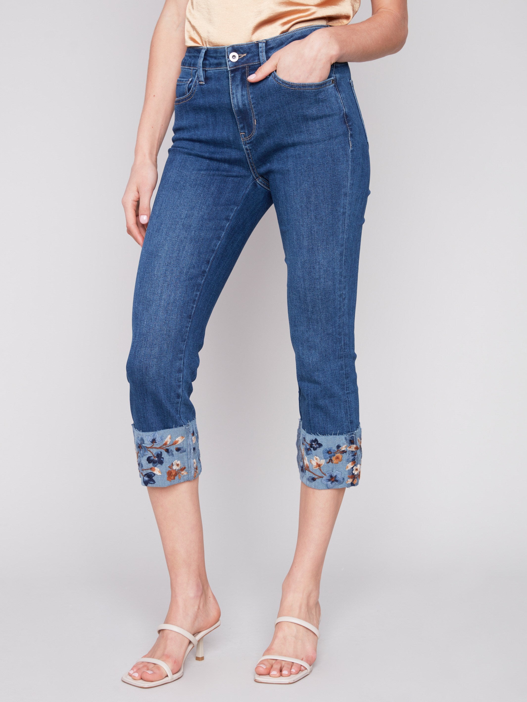 Cropped Jeans with Embroidered Cuff - Indigo - Charlie B Collection Canada - Image 2