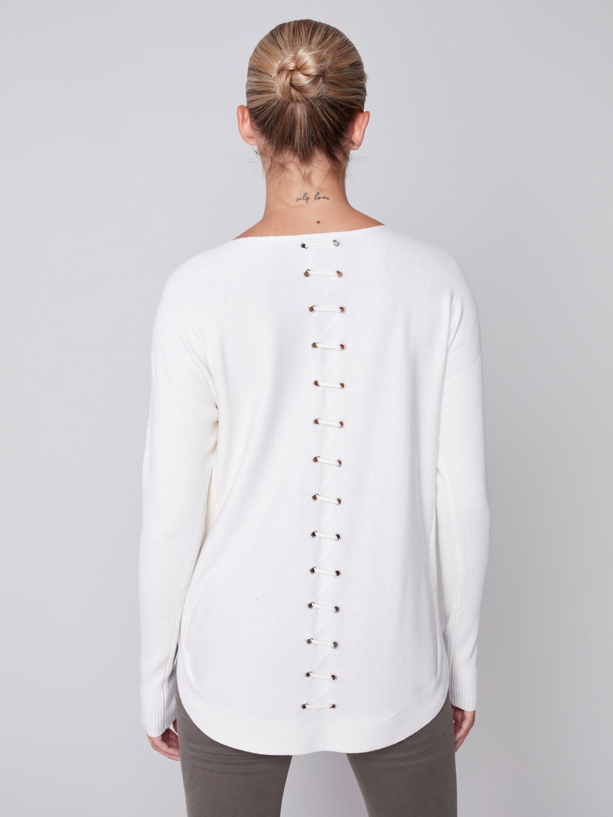 Knit Sweater with Back Lace-up Detail - Ecru