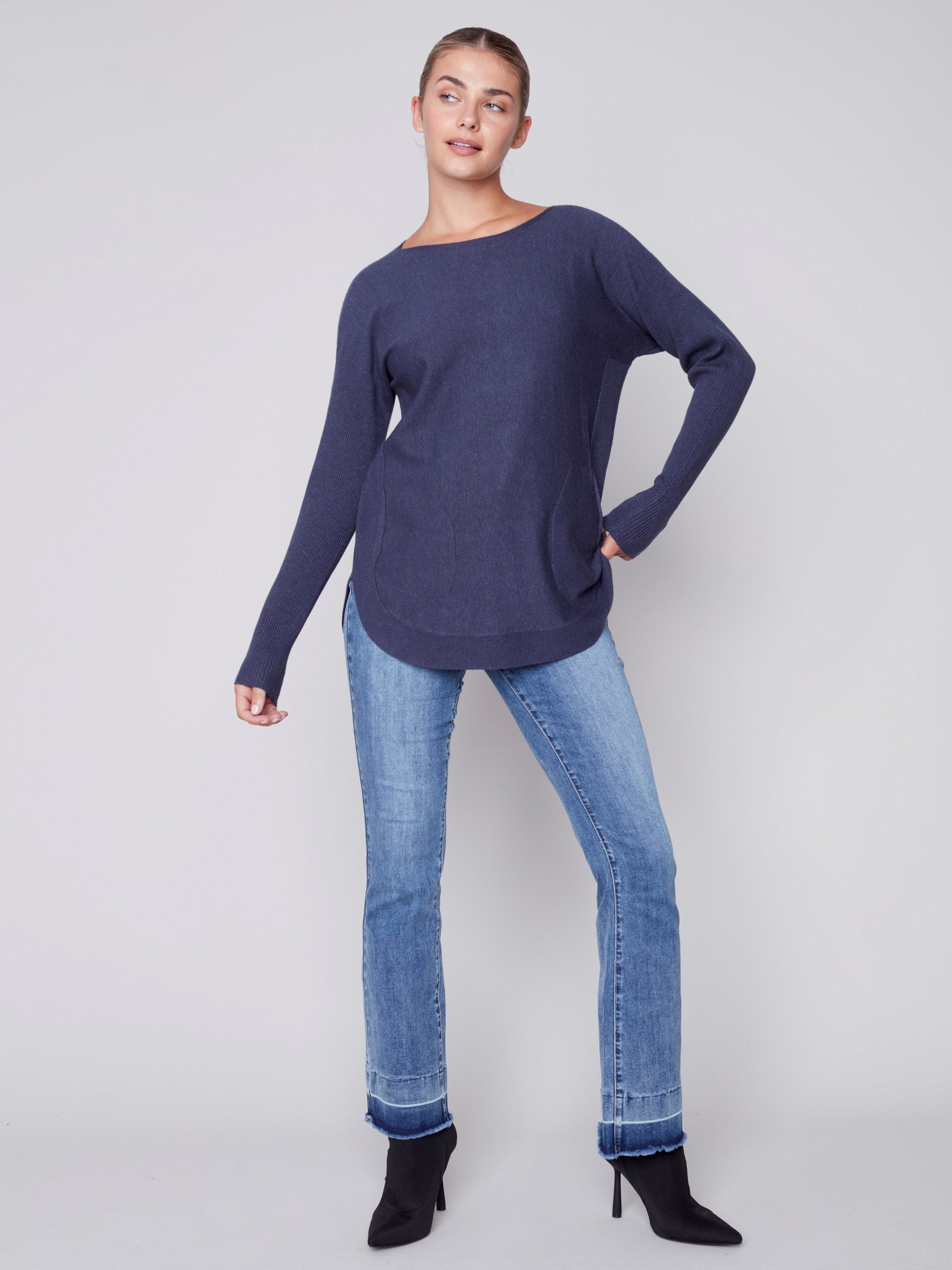 Knit Sweater with Back Lace-up Detail - Denim