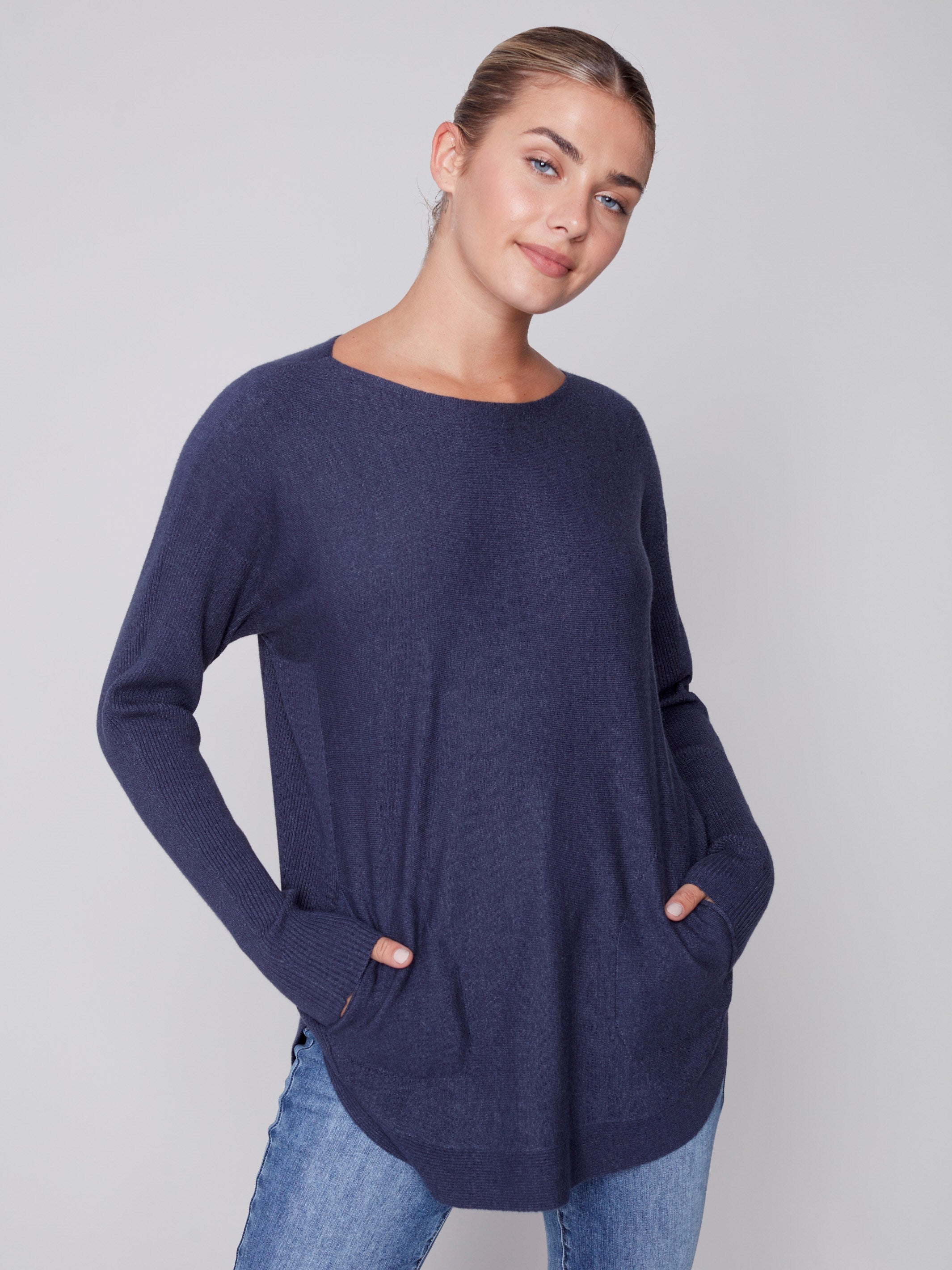 Knit Sweater with Back Lace-up Detail - Denim