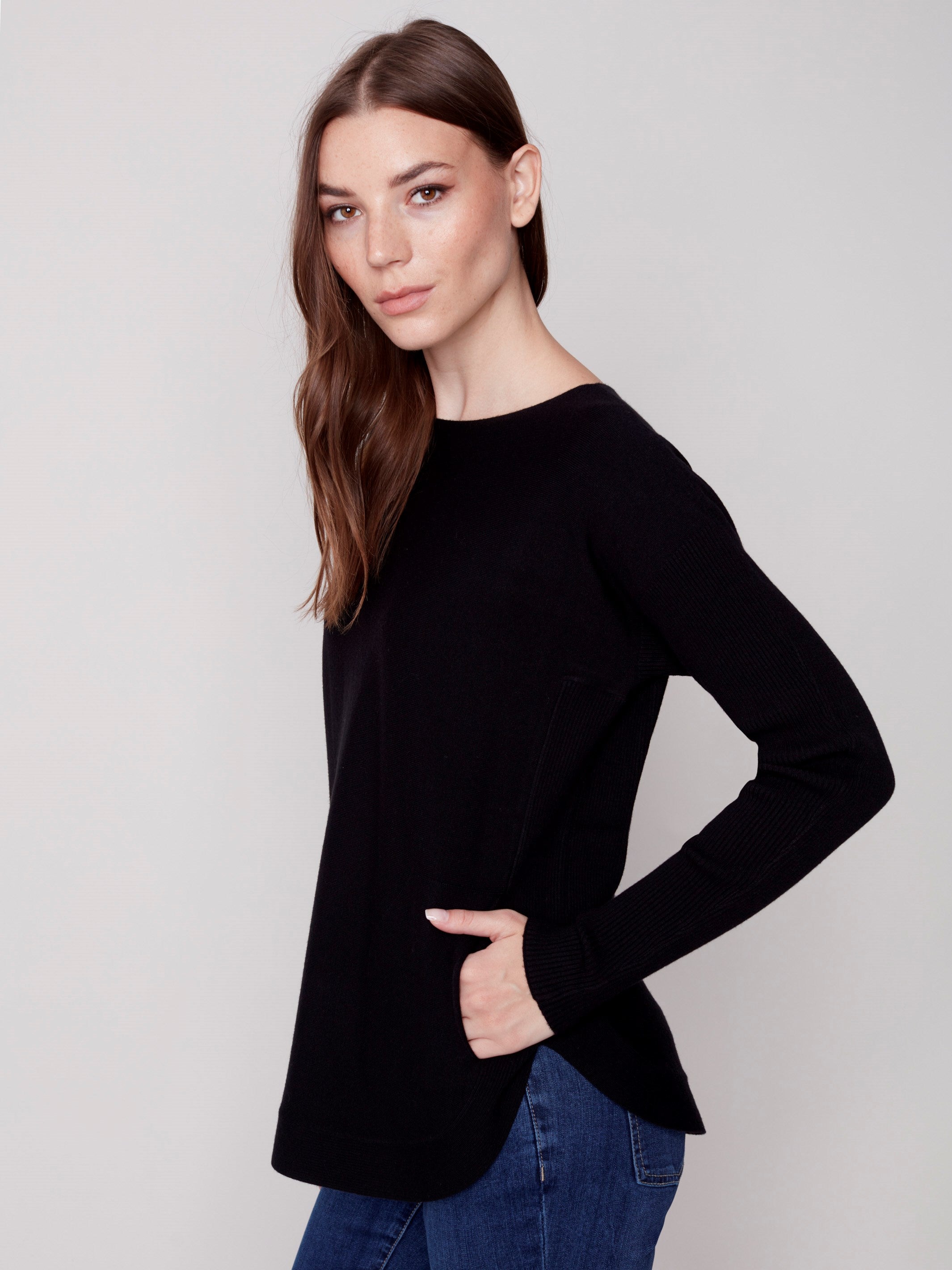 Knit Sweater with Back Lace-up Detail - Black