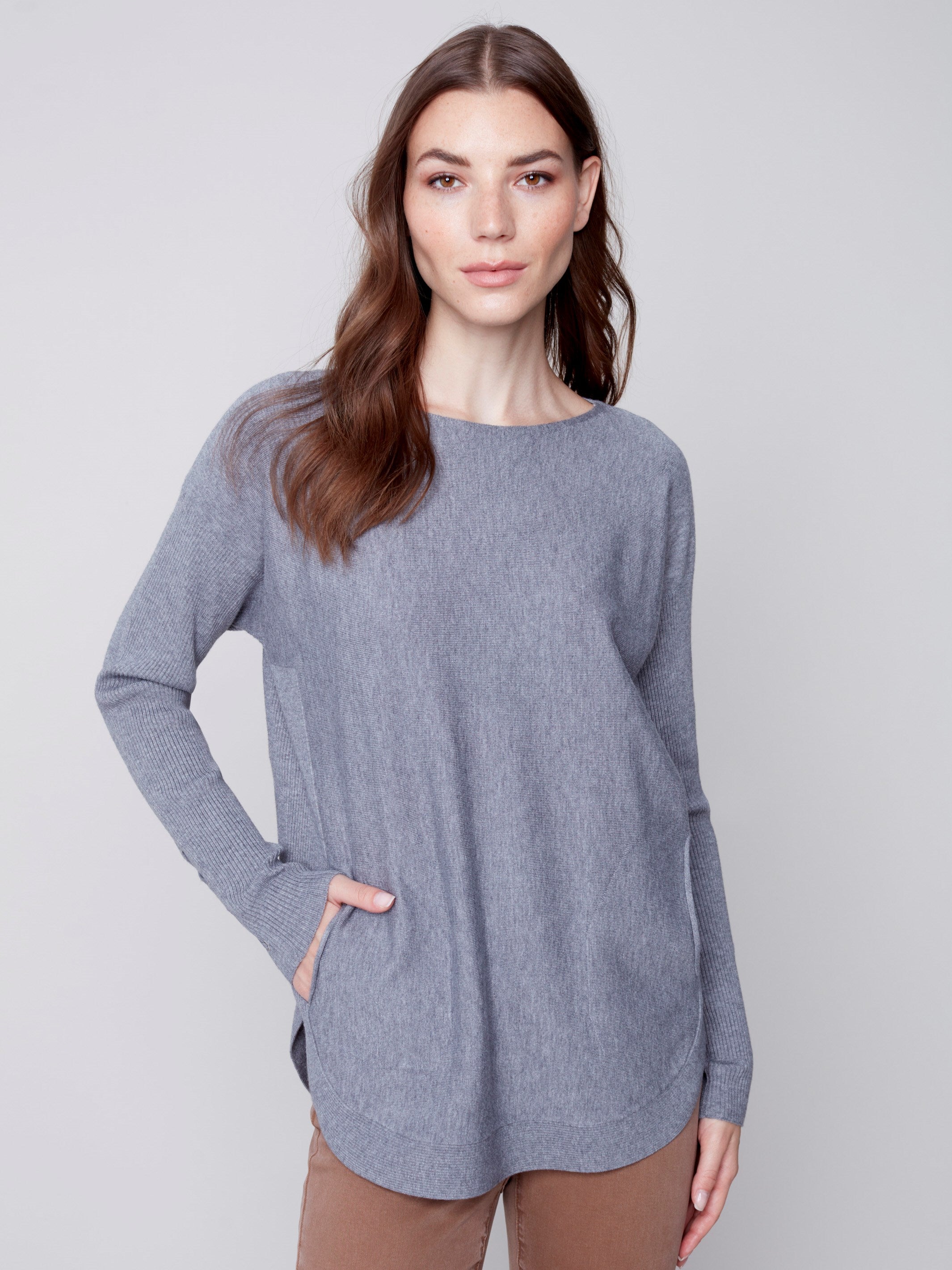Knit Sweater with Lace-up Cuffs - Grey
