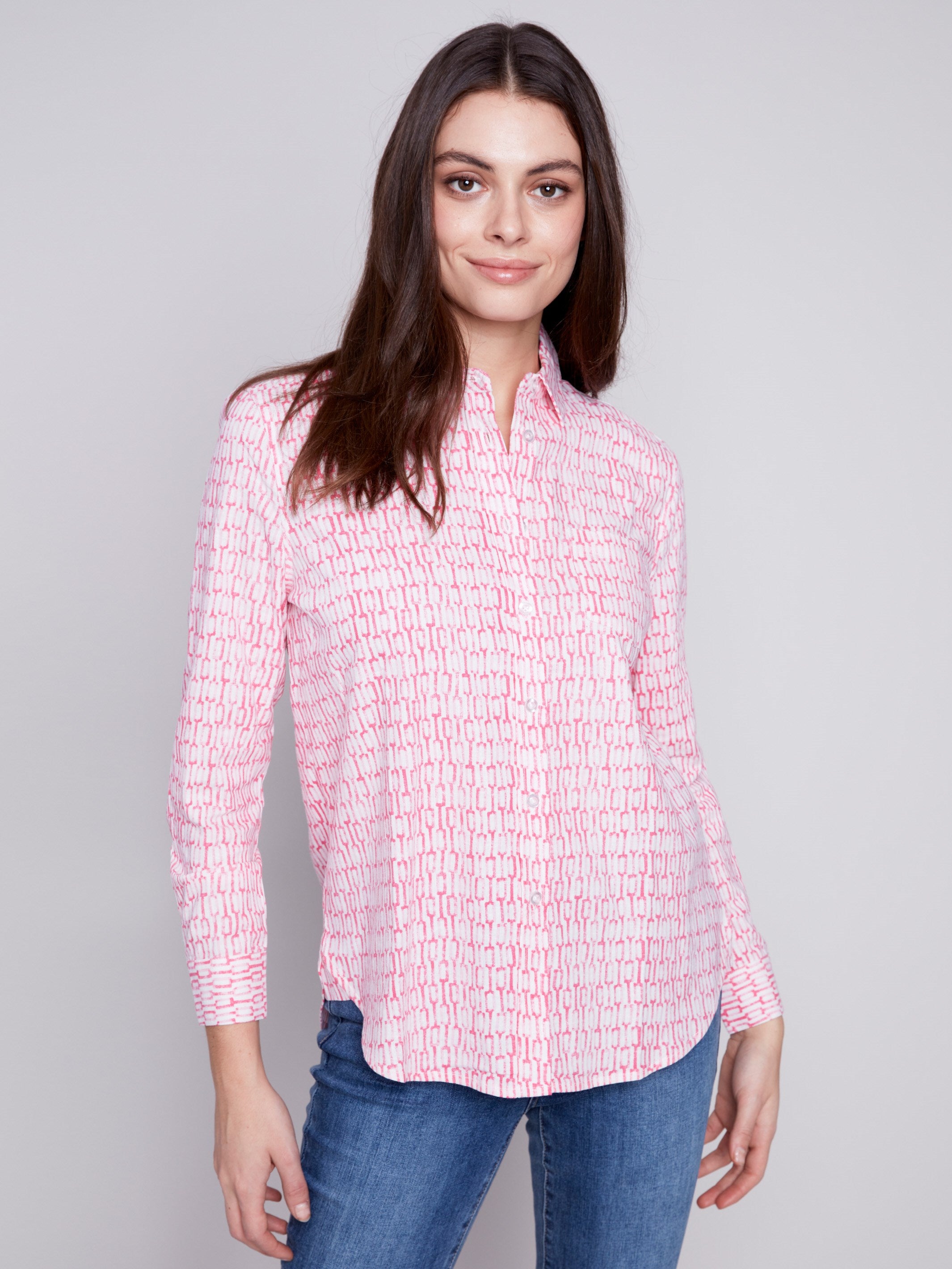 Linen Blend Button-Down Shirt - Flamingo - Charlie B Collection Canada - Image 1