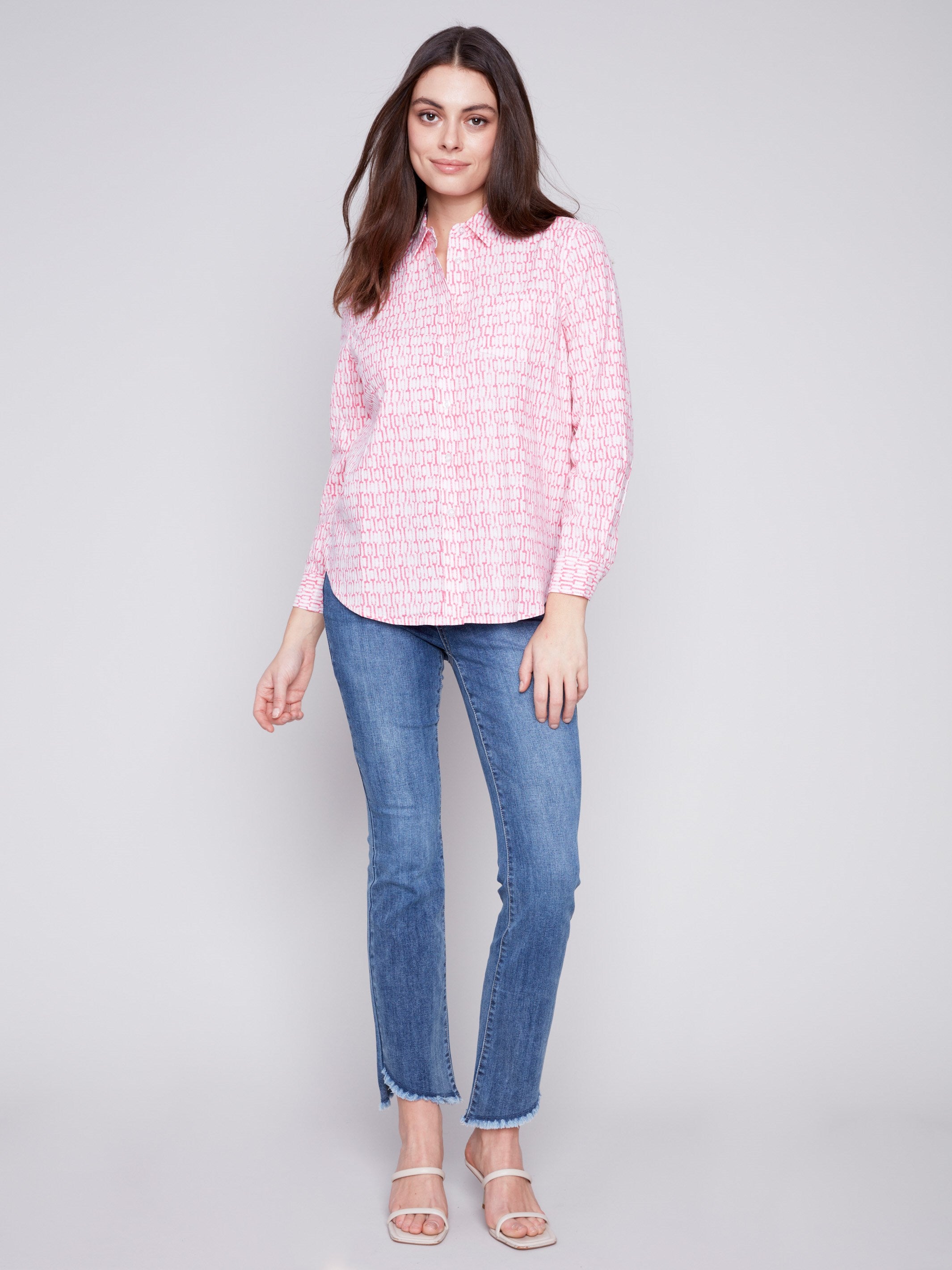 Linen Blend Button-Down Shirt - Flamingo - Charlie B Collection Canada - Image 2