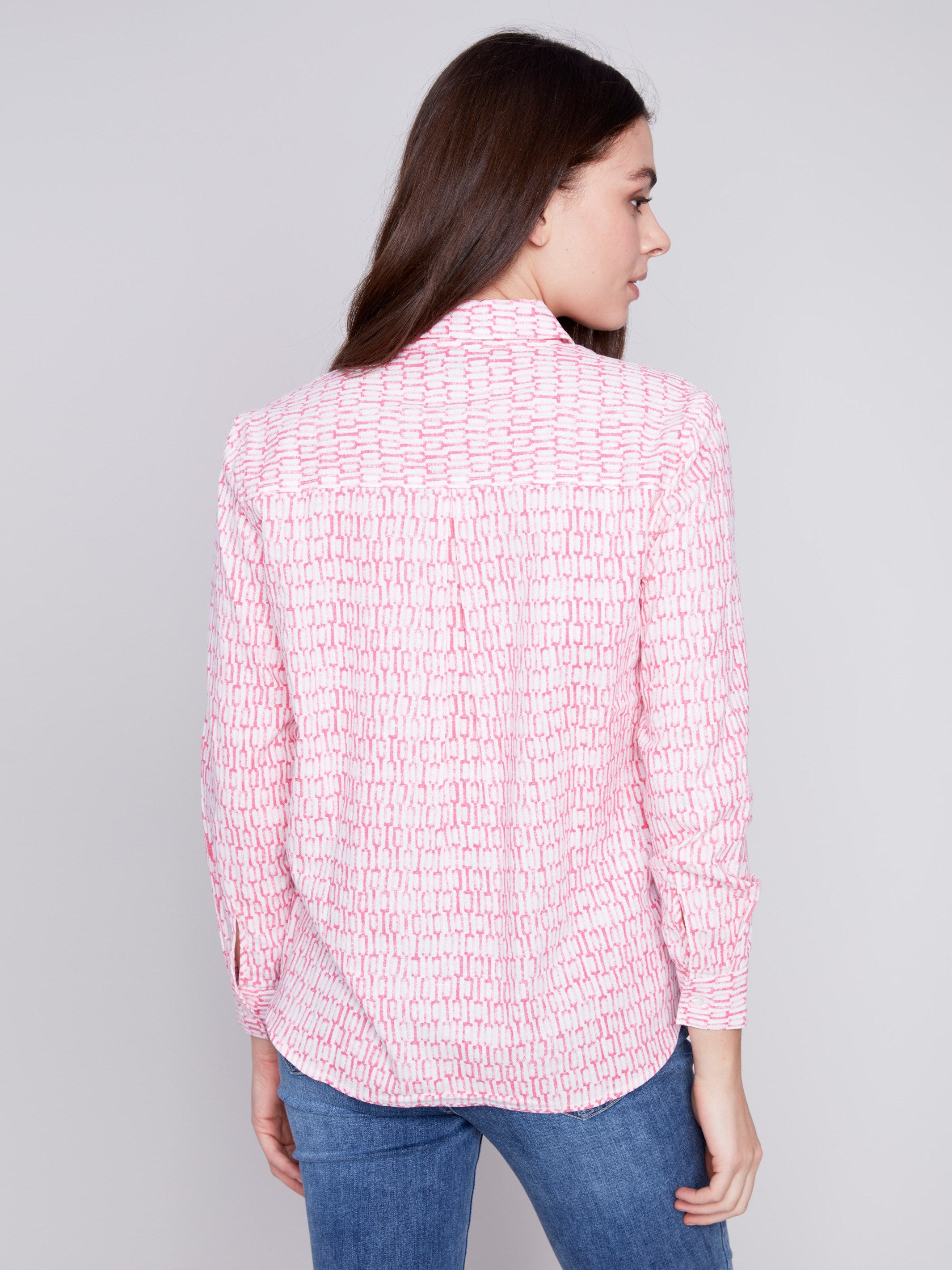 Linen Blend Button-Down Shirt - Flamingo - Charlie B Collection Canada - Image 4