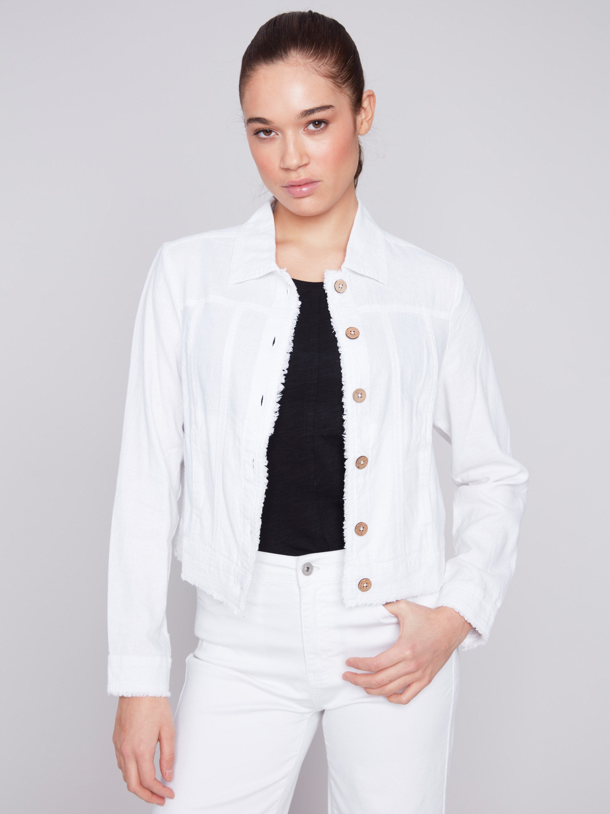 Linen Blend Jacket - White - Charlie B Collection Canada - Image 1